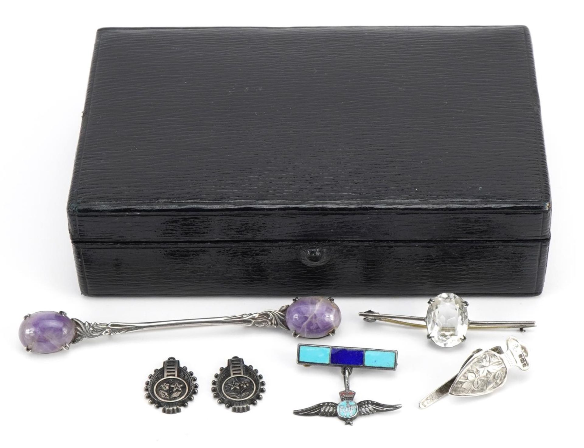 Victorian and later silver jewellery including military interest enamelled RAF brooch and amethyst