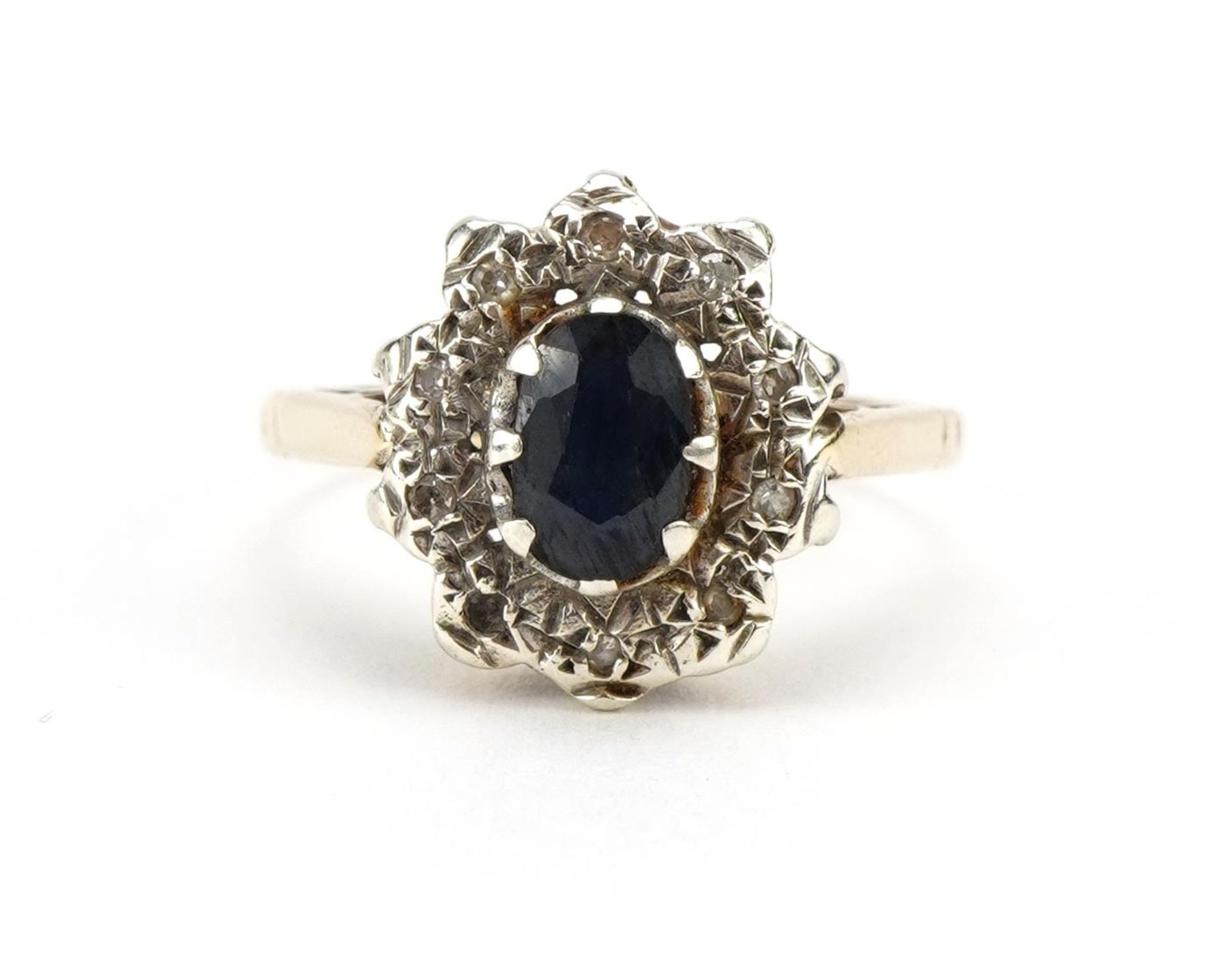 9ct gold sapphire and diamond cluster ring, size M, 2.8g