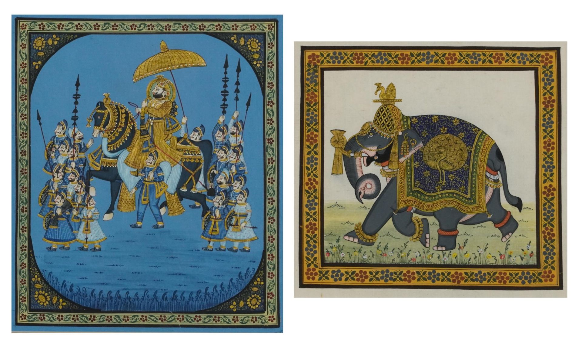 Procession of figures and elephant wearing robes, two Indian Mughal school watercolours, each