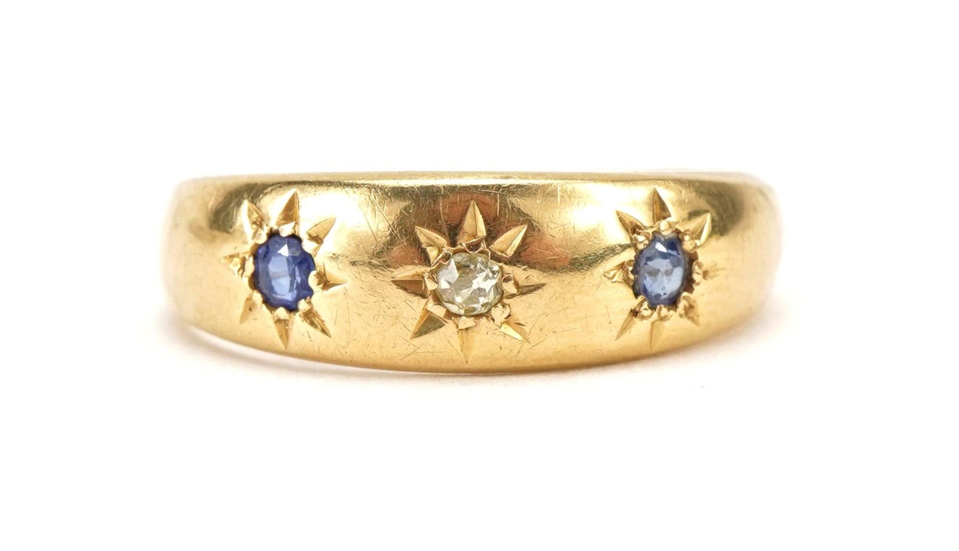 George V 18ct gold diamond and sapphire three stone Gypsy ring, Birmingham 1918, size P, 3.9g