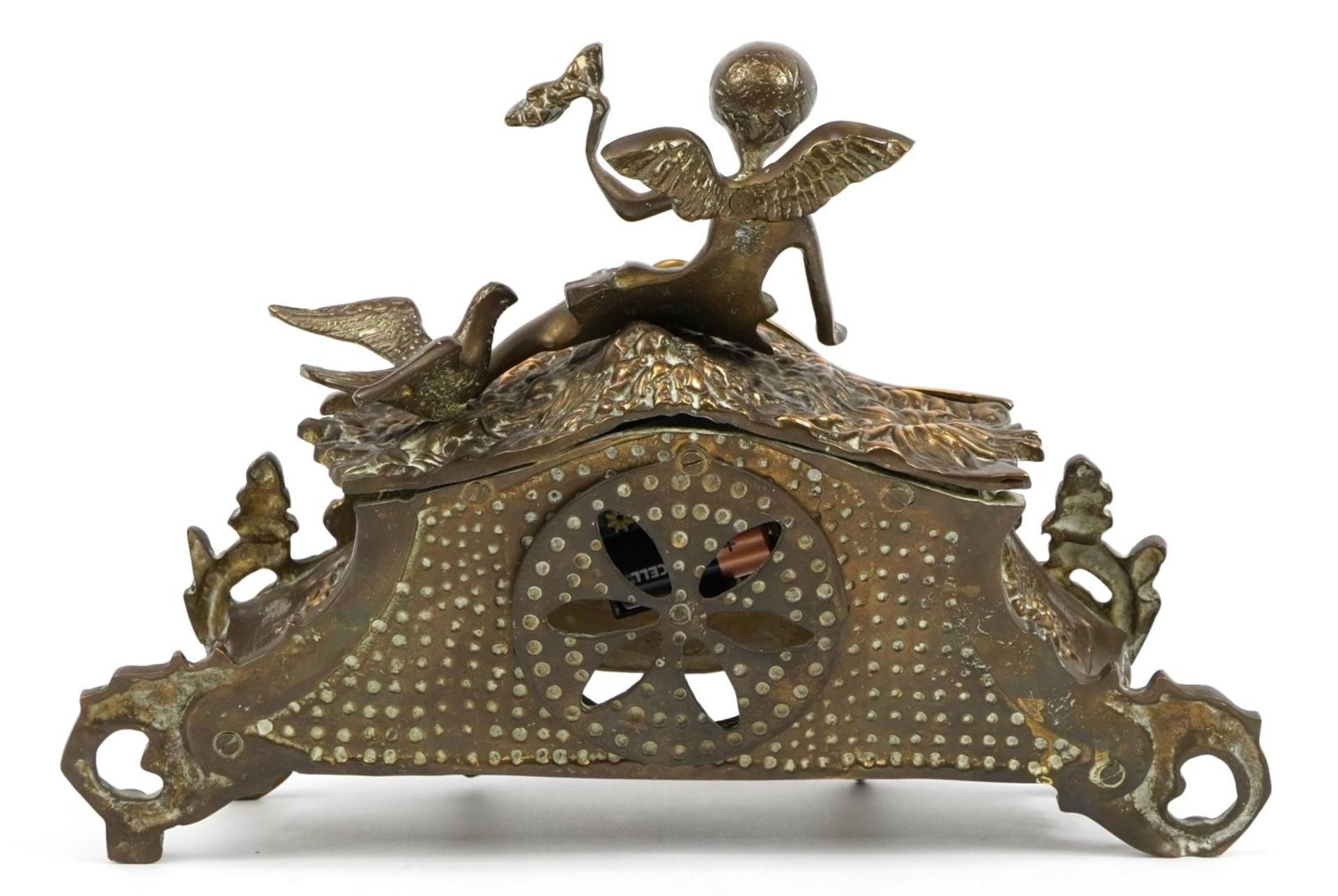 French design gilt brass mantle clock mounted with a winged figure and bird, 35cm wide - Image 2 of 3