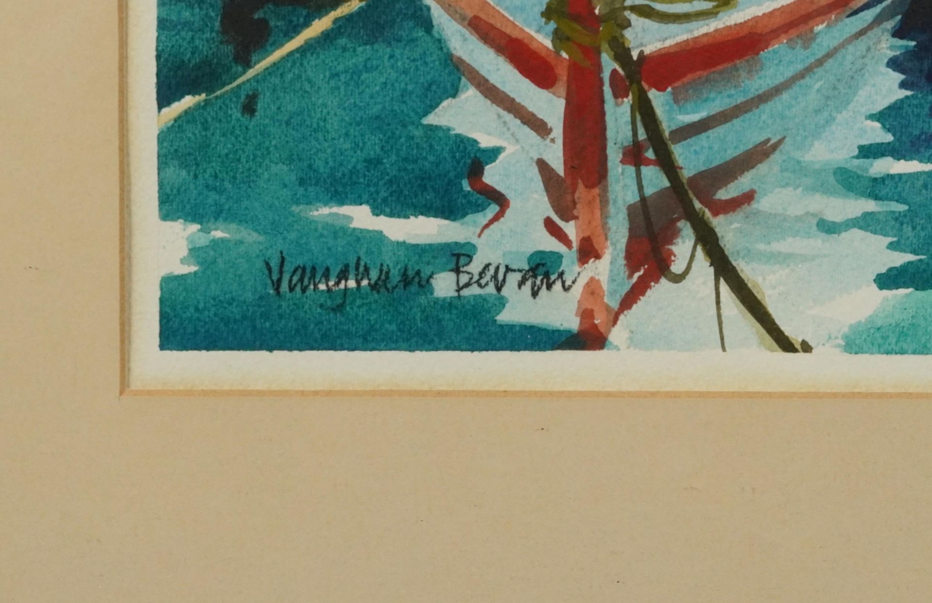 Vaughan Gwilliam Bevan - Fishing boats, Greece, watercolour, Penns Fine Art Gallery label verso, - Image 3 of 5