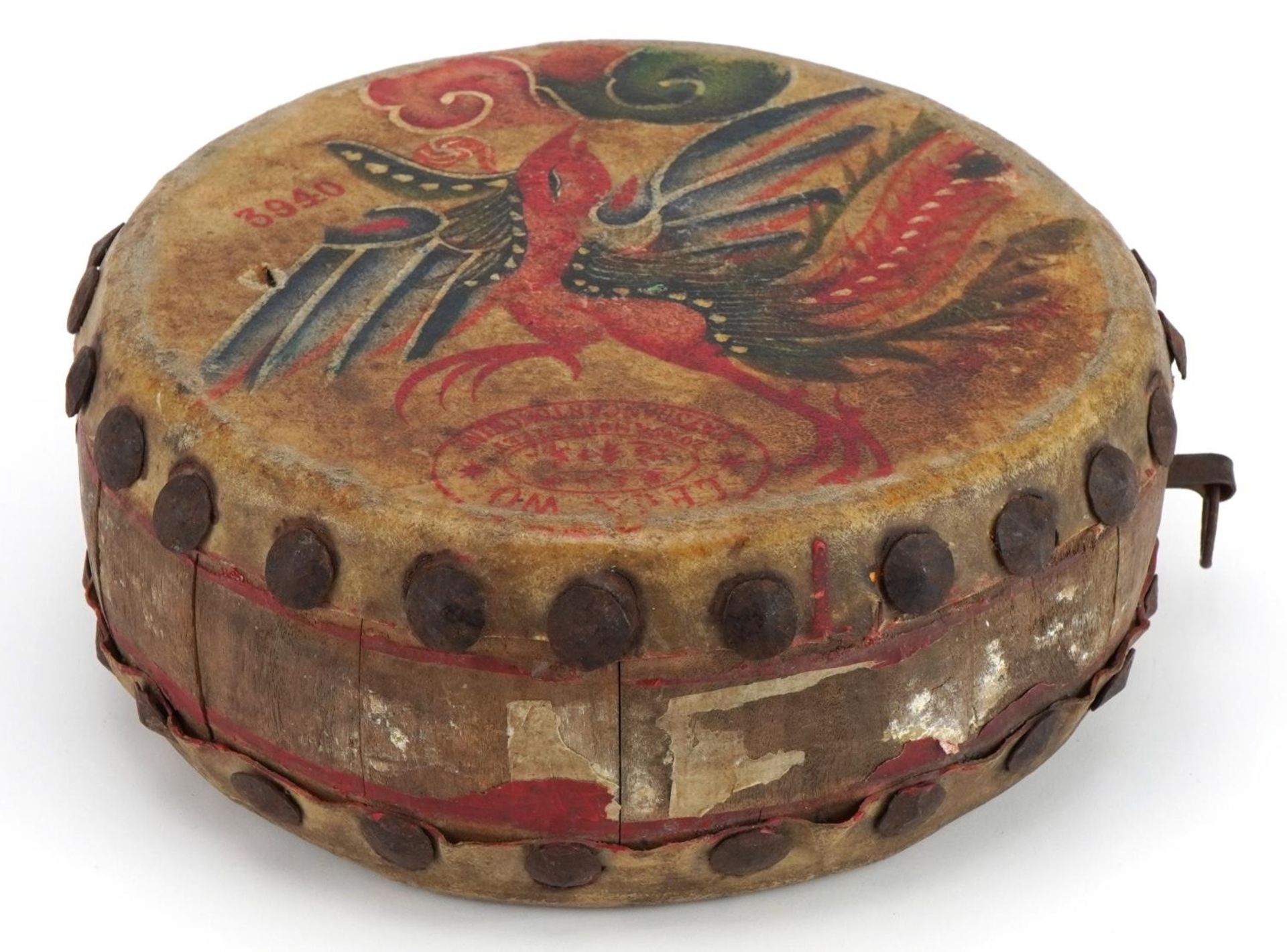 Chinese folk art Bangu hide drum painted with phoenix, 24cm in diameter