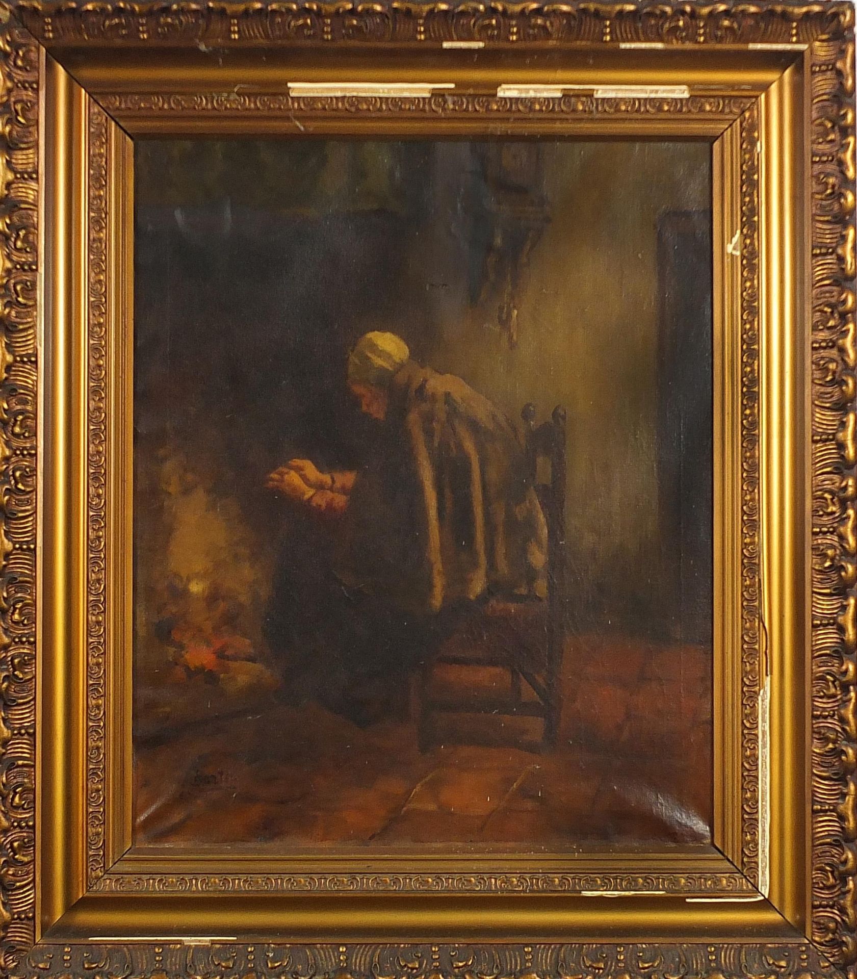 Female beside a fire and gentleman smoking a pipe, pair of Dutch school oil on canvasses, each - Image 7 of 9