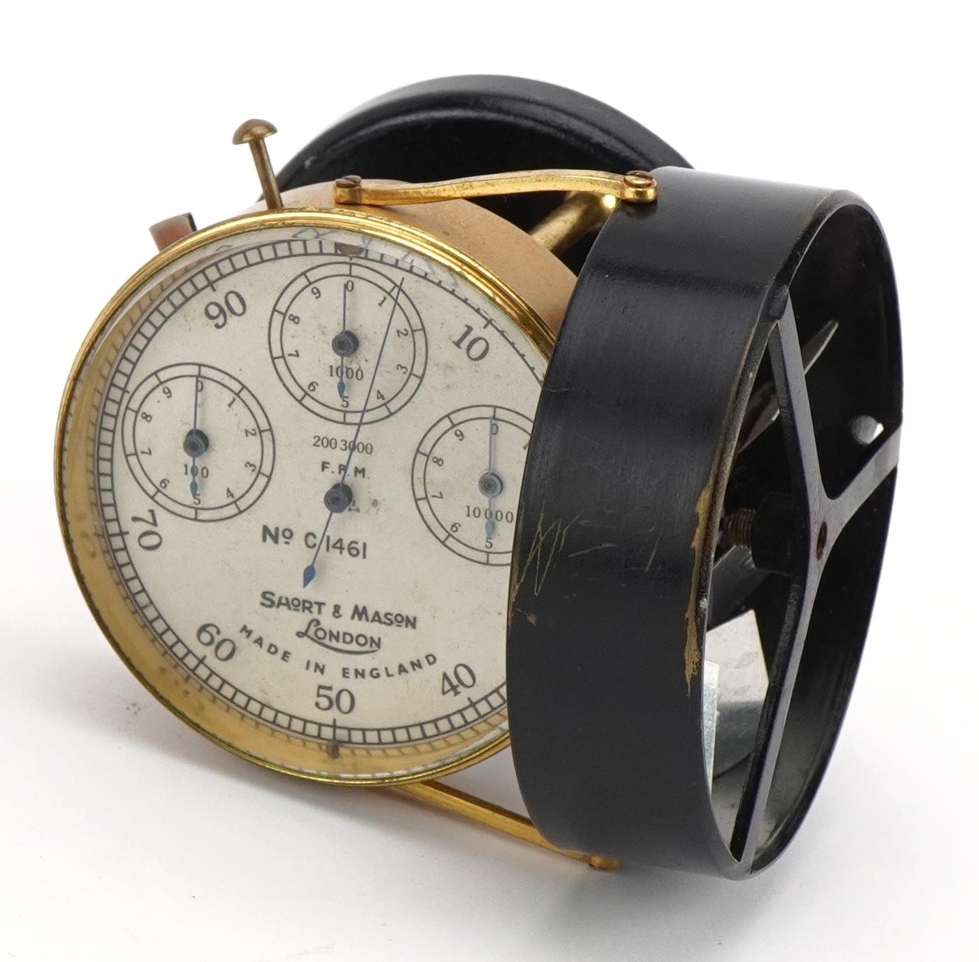 Short & Mason of London brass air meter with leather case numbered 1461, 8cm in high - Image 2 of 4