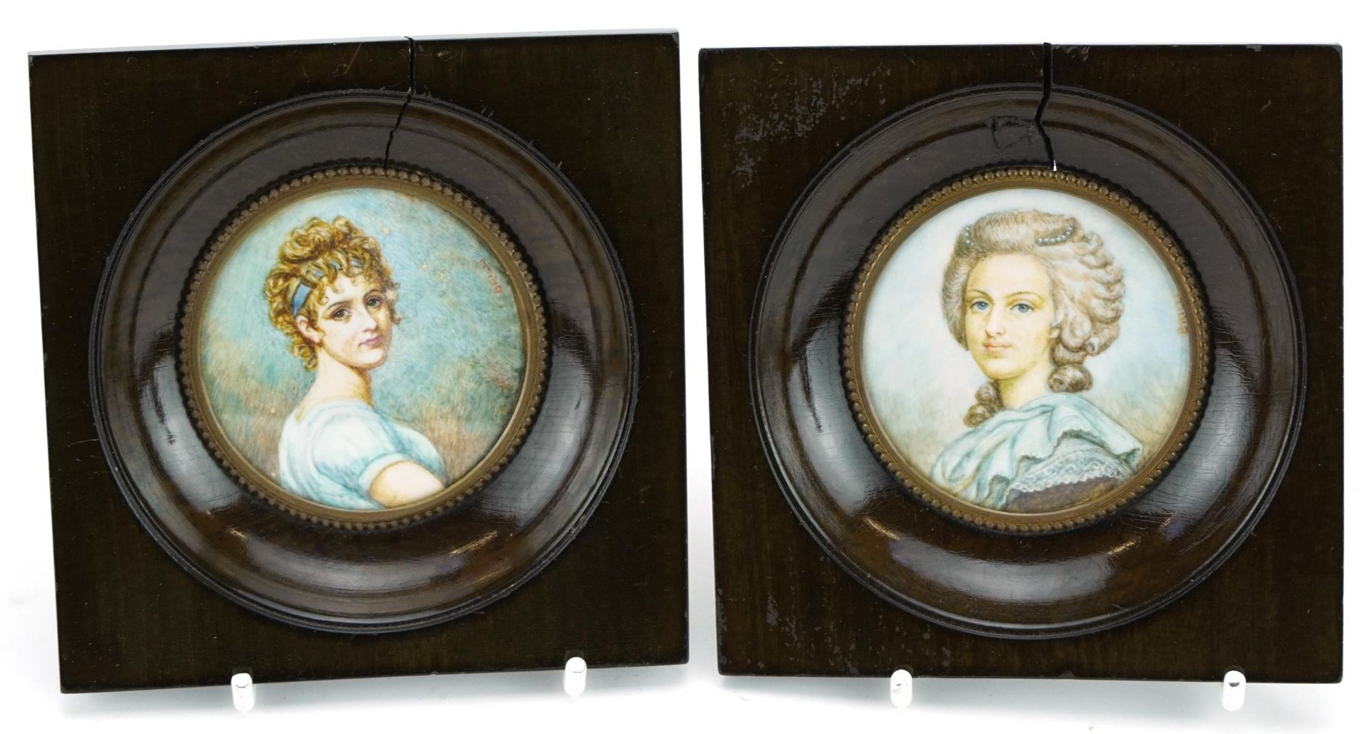 Pair of circular hand painted portrait miniatures of young females, each signed Brilli and housed in - Image 2 of 3