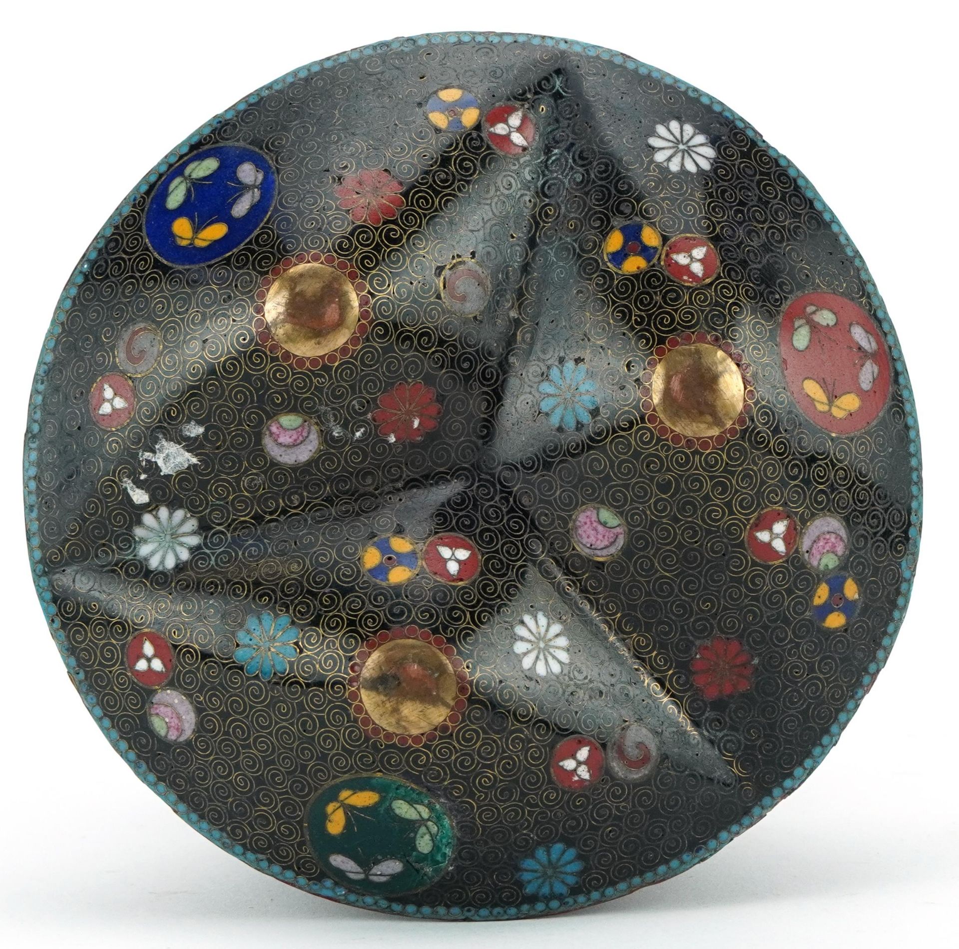 Japanese cloisonne tripod incense burner enamelled with stylised floral roundels - Bild 3 aus 3