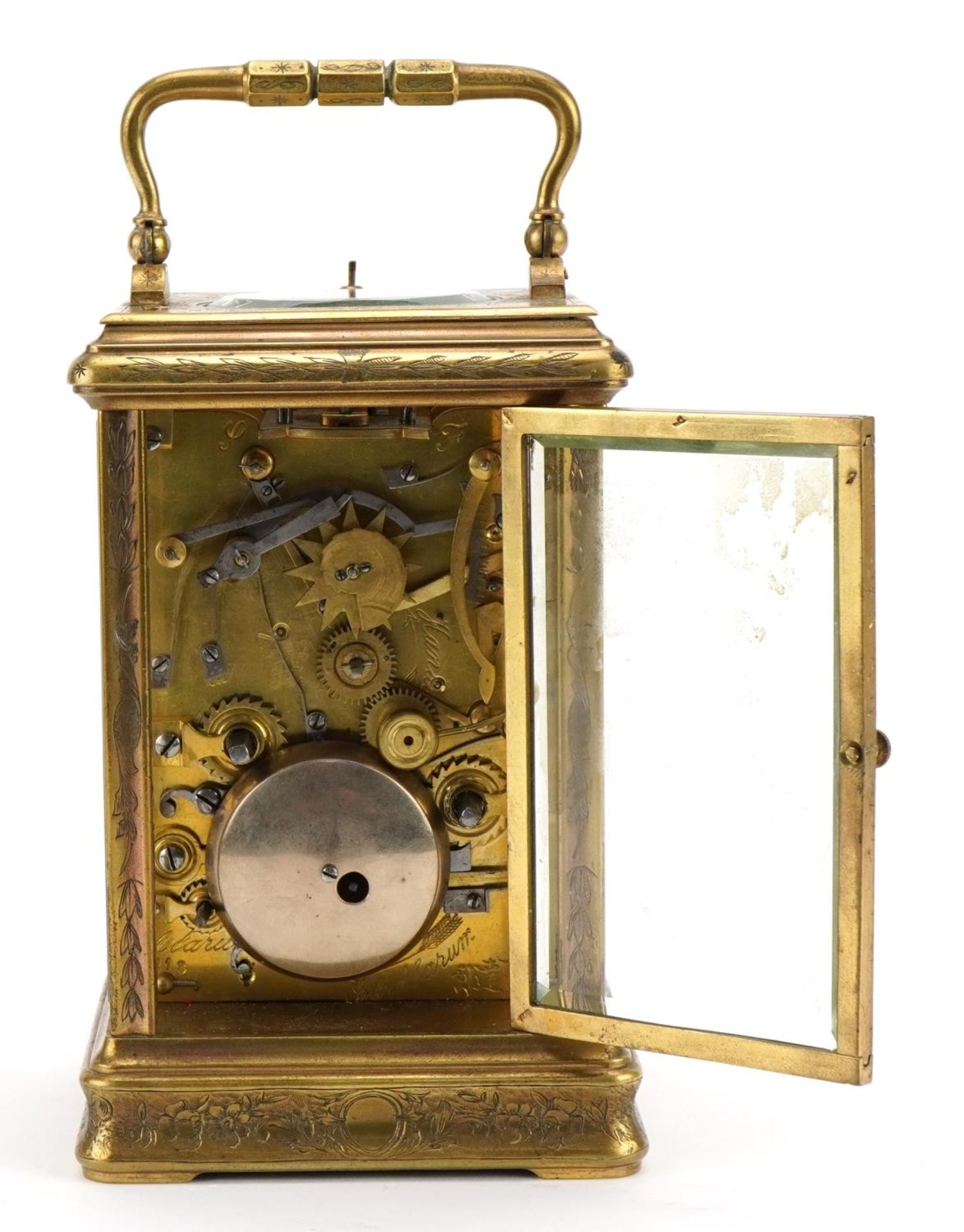 Large brass cased repeating carriage alarm clock engraved with flowers, the enamelled dial with - Image 3 of 5