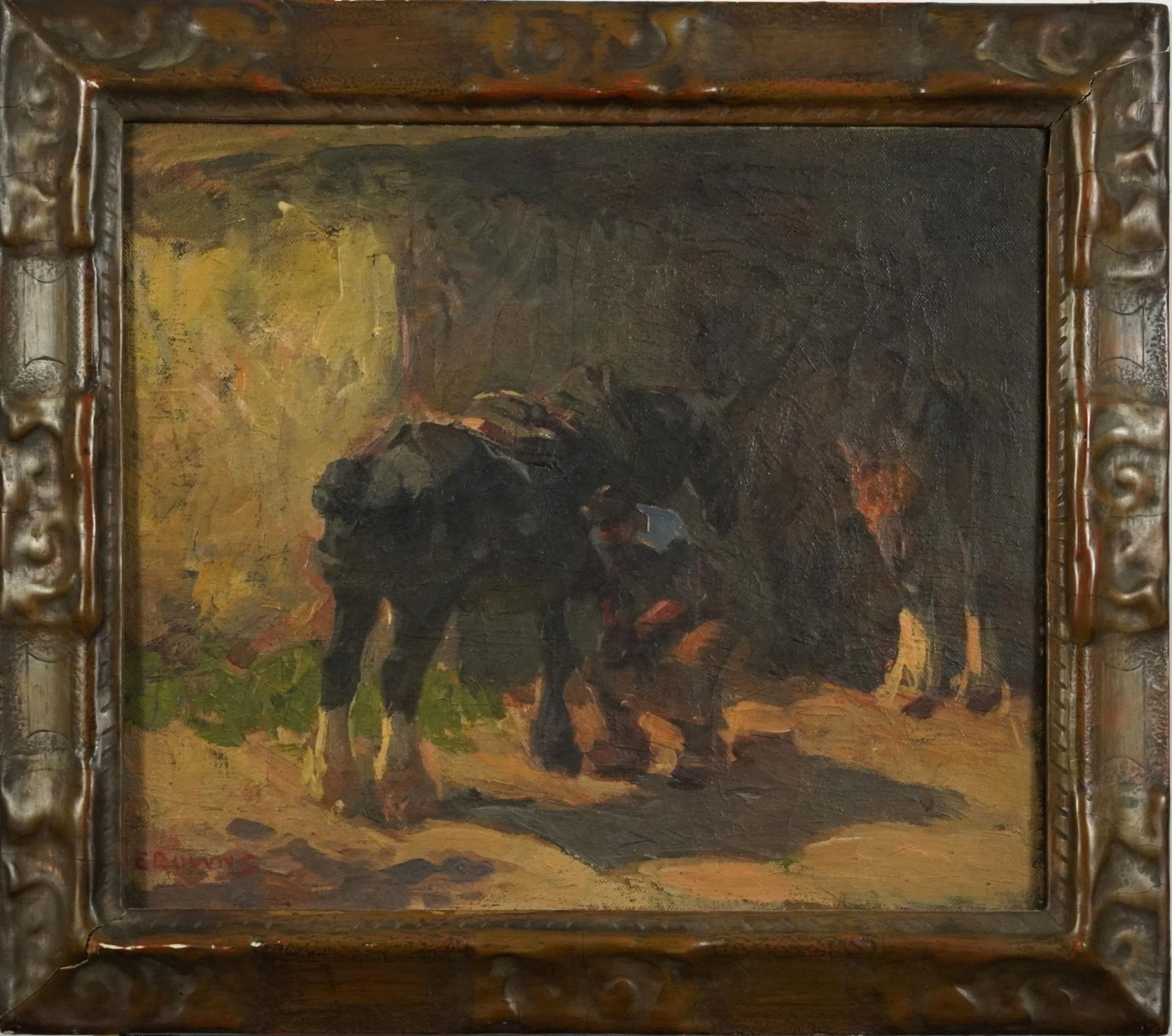 Edgar Downs - Farrier and workhorses, 20th century British oil on canvas, framed, 34cm x 29.5cm - Image 2 of 4