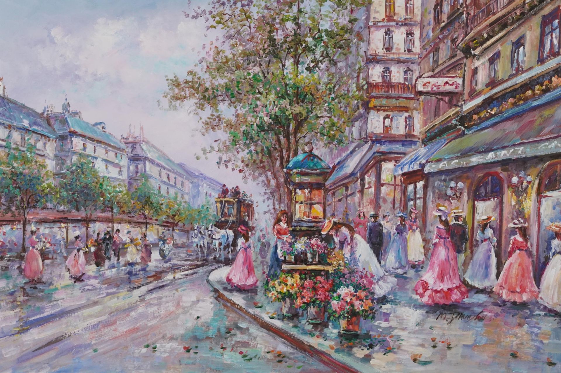 Parisian street scene with horse drawn cart, oil on canvas, framed, 91cm x 60cm excluding the frame