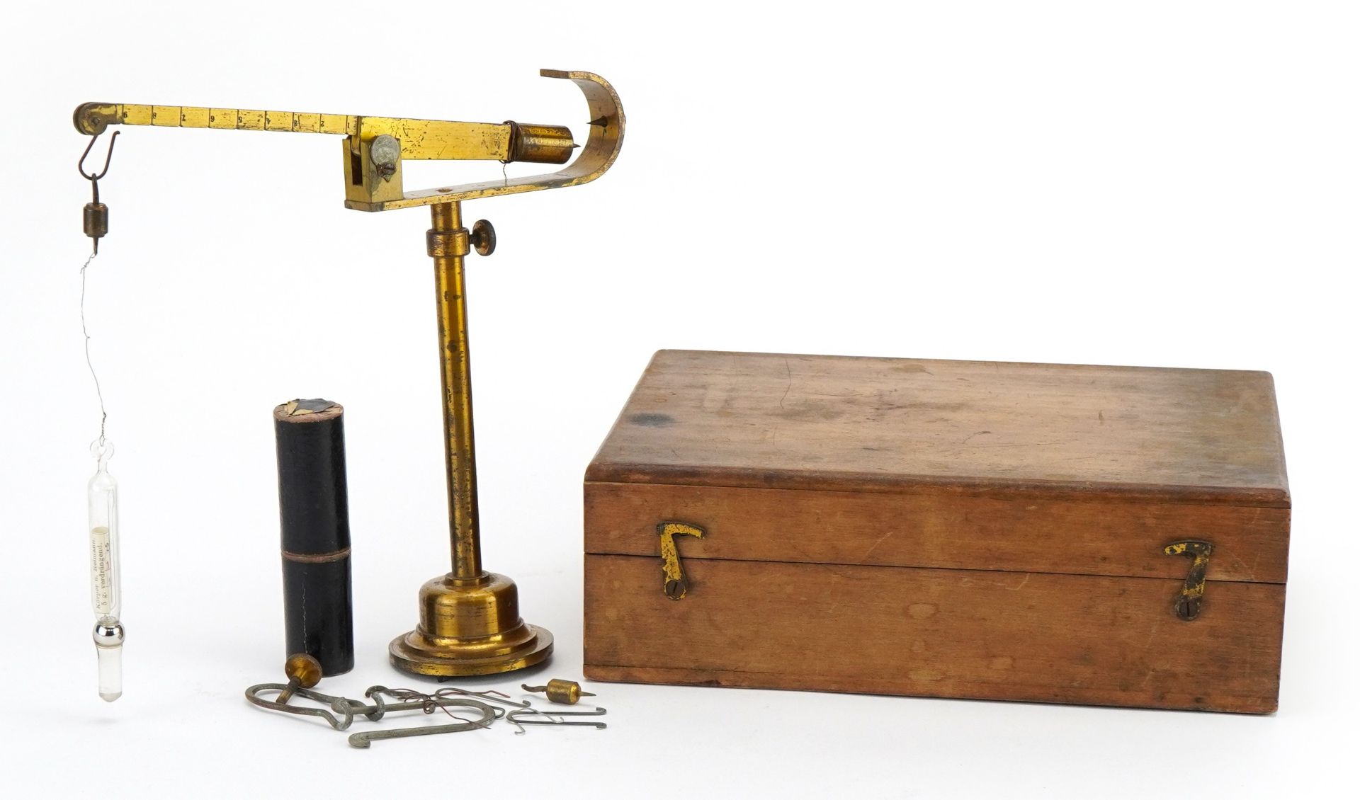 Set of antique brass specific gravity balances with Reimann's thermometer housed in a fitted