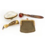 Victorian brass and hardstone claw bookmark, small gilt metal purse, shell purse and gilt metal