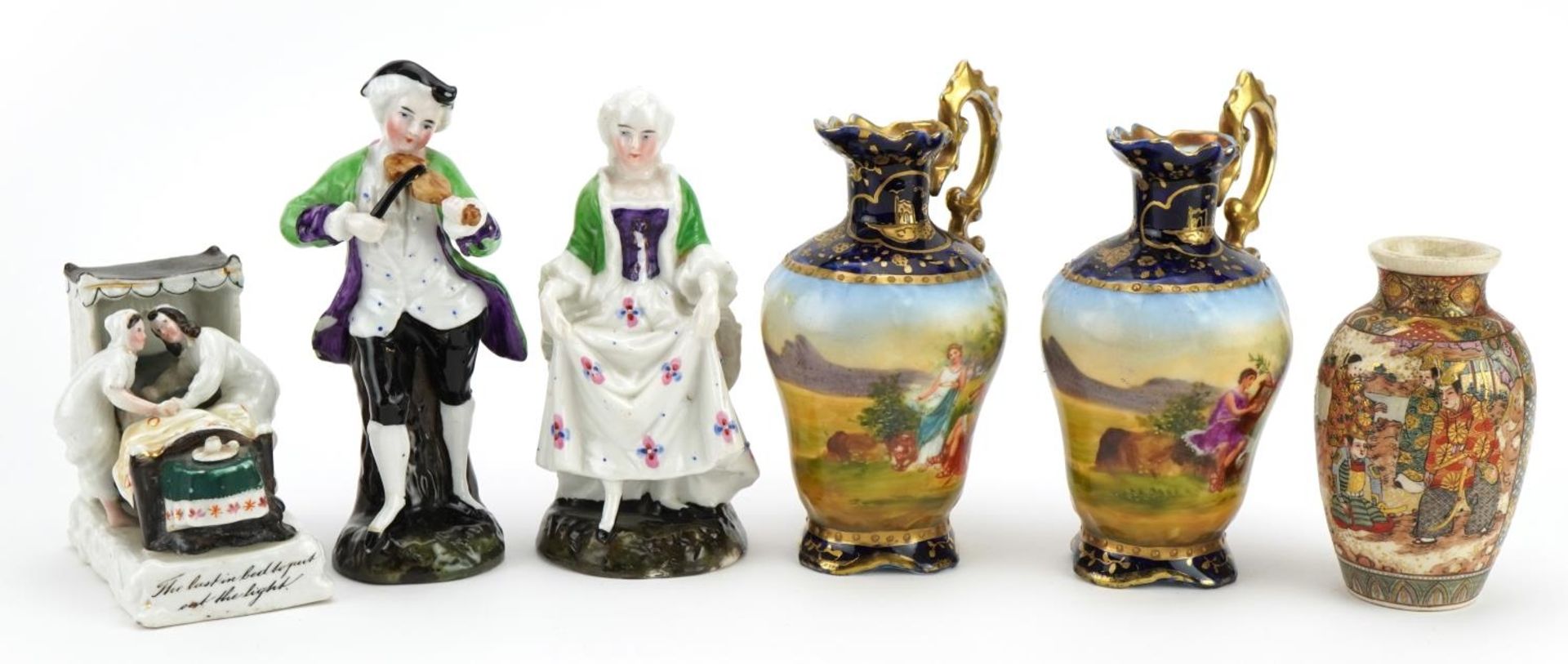 Continental porcelain including a pair of Vienna style jugs and a Japanese Satsuma vase, the largest