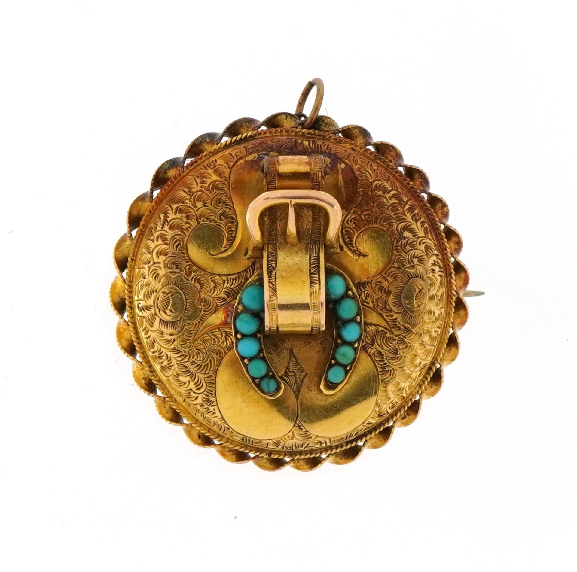 Victorian unmarked gold buckle and horseshoe design brooch with safety chain set with turquoise