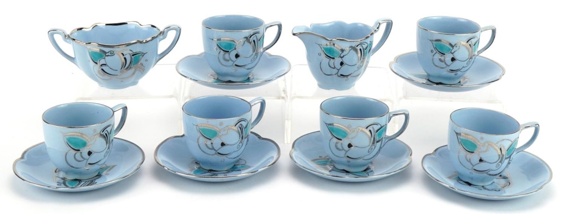 Susie Cooper for Greys, Art Deco six place tea service decorated with stylised flowers, the