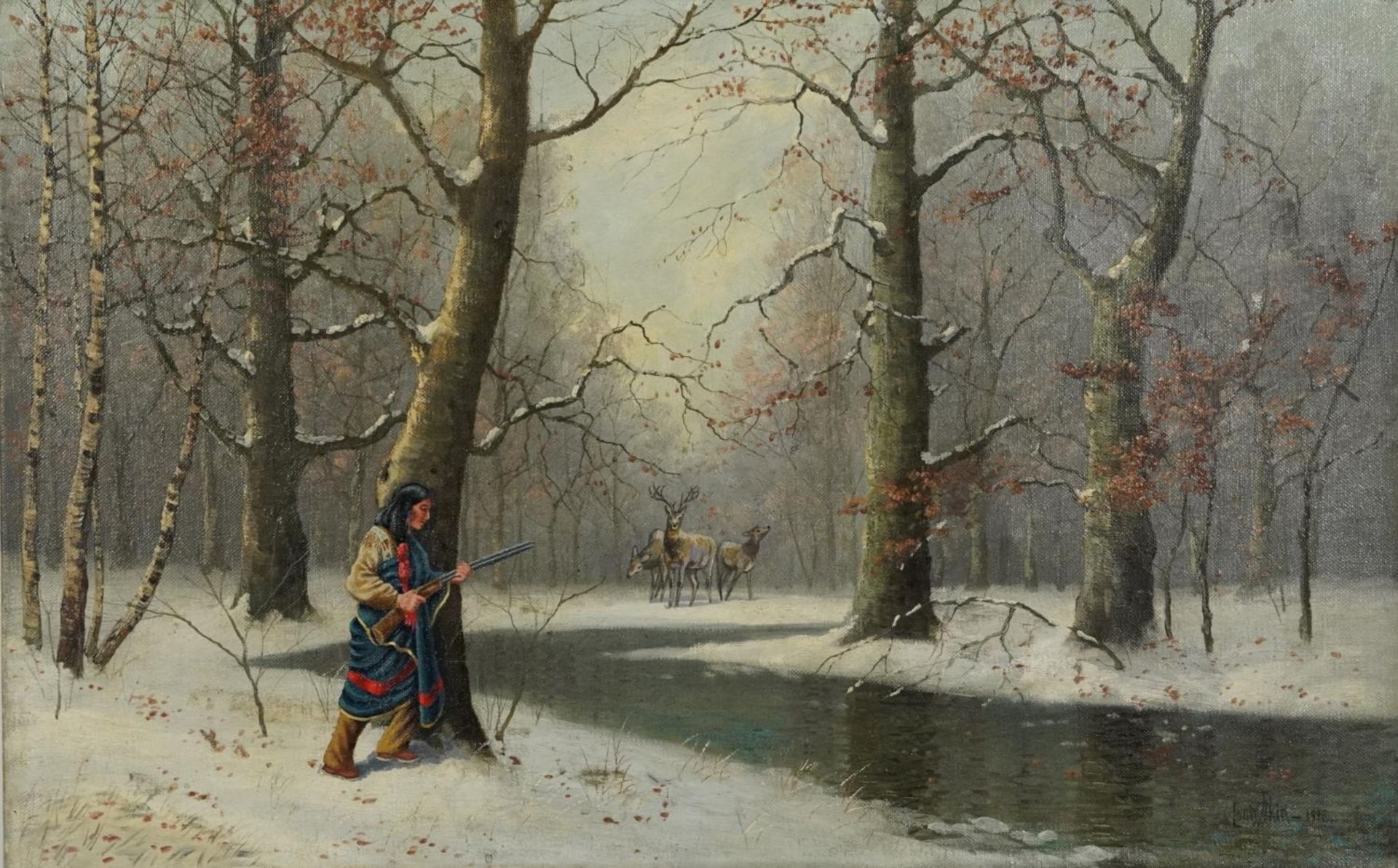 Manner of Louis Benton Akin - Winter landscape with hunter before deer, oil on canvas, unframed,