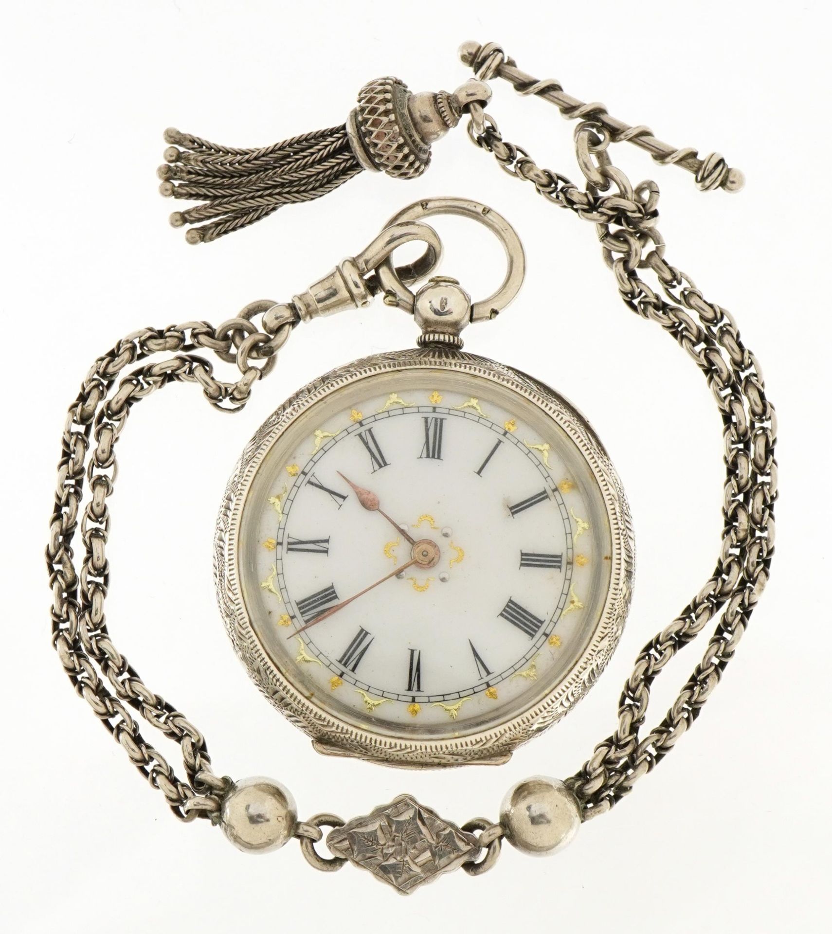 Silver ladies open face pocket watch with enamelled dial on aesthetic watch chain with tassel, the - Image 2 of 5