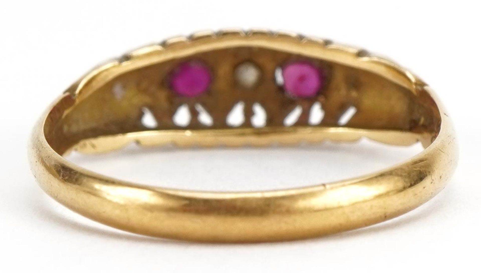 Edwardian 18ct gold ruby and diamond boat ring, Birmingham 1908, size M, 2.2g - Image 2 of 4