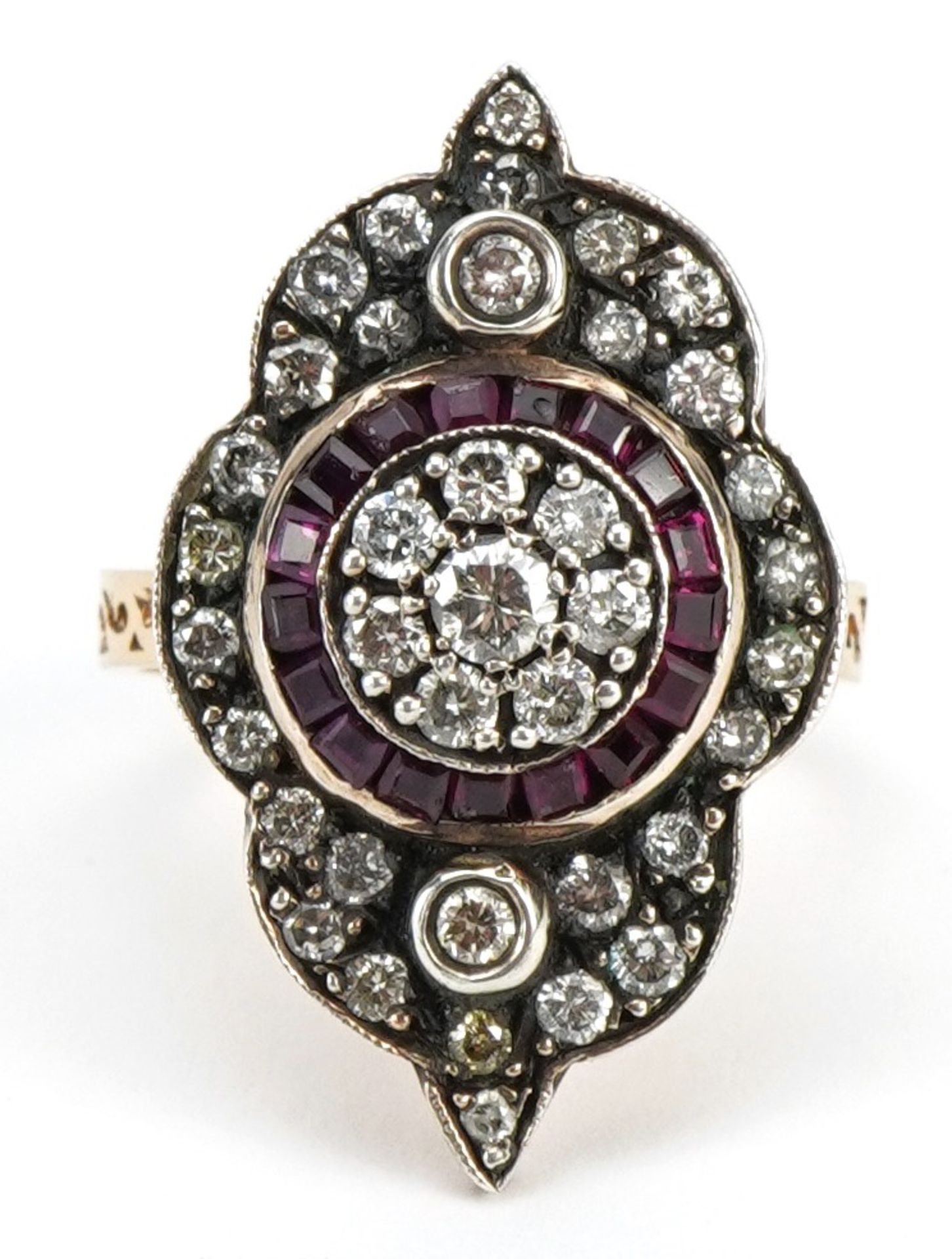 8ct rose gold diamond and ruby cluster ring, total ruby weight approximately 0.58 carat, total