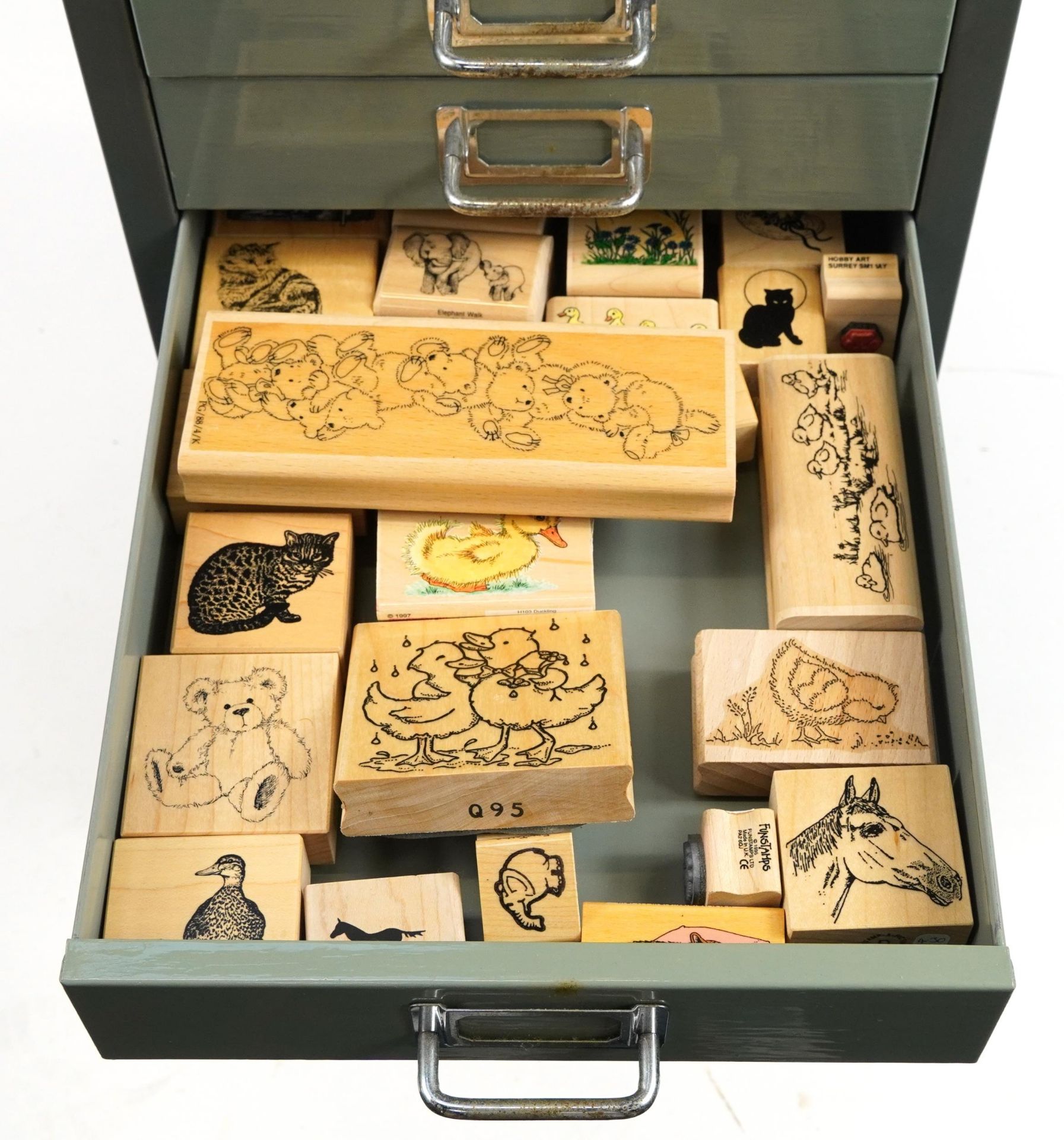 Large collection of wooden printing blocks and ink stamps housed in a Bisley ten drawer filing - Image 7 of 13