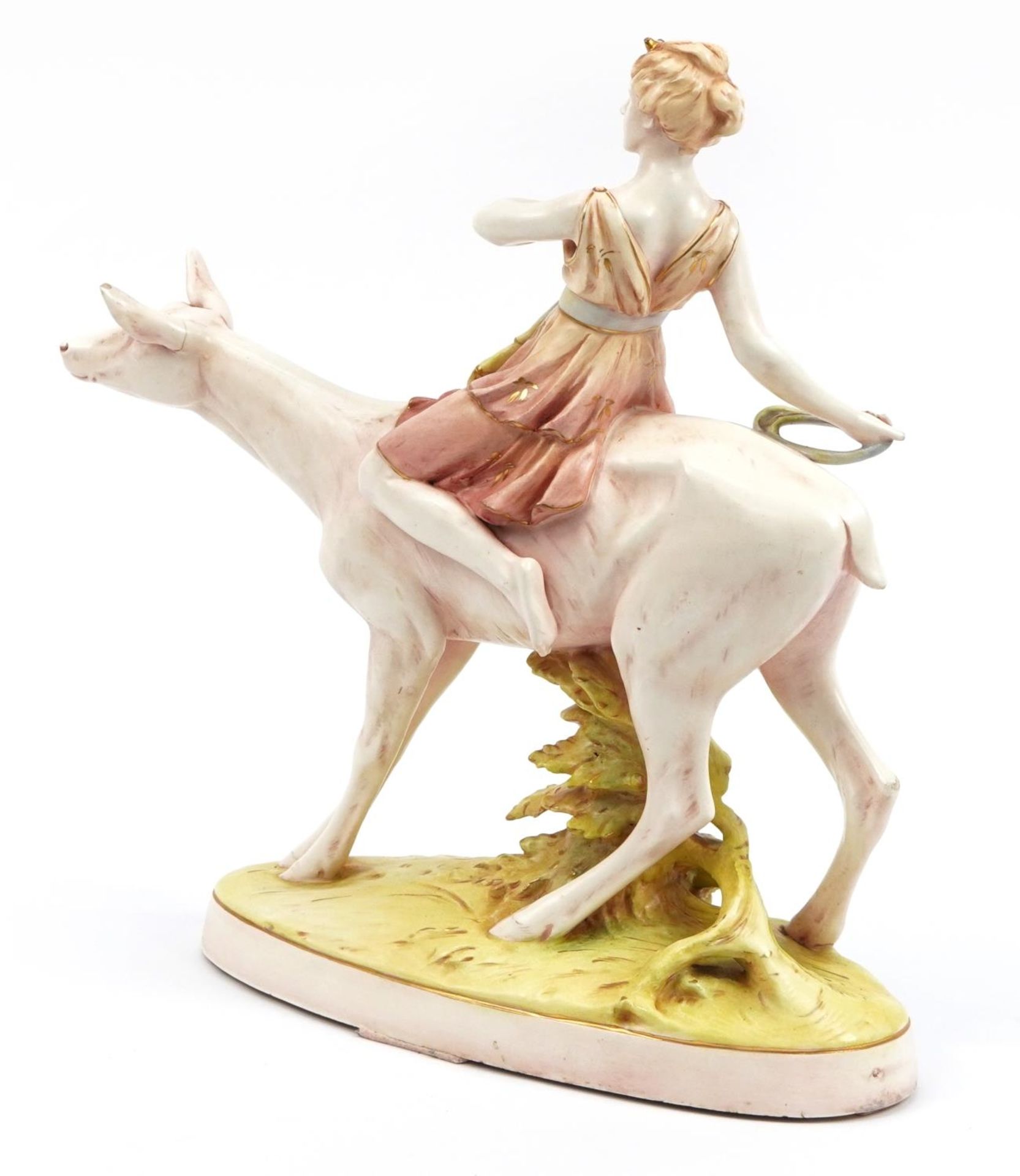 Royal Dux, Czechoslovakian Art Nouveau figure group of a Diana the huntress on deer, numbered 13289, - Bild 2 aus 5