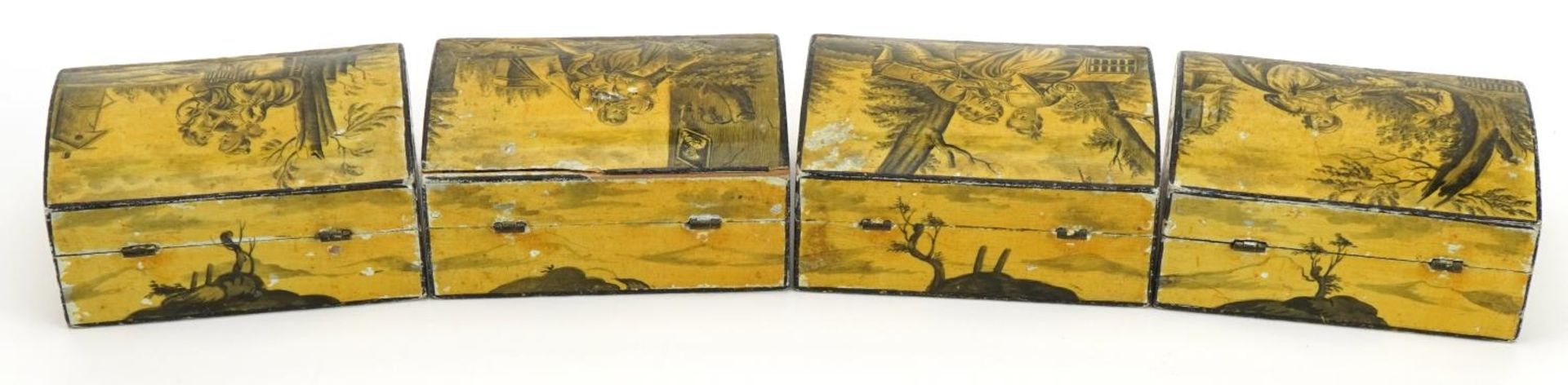 Four 19th century continental lacquered dome top boxes hand painted with classical figures in - Image 3 of 4