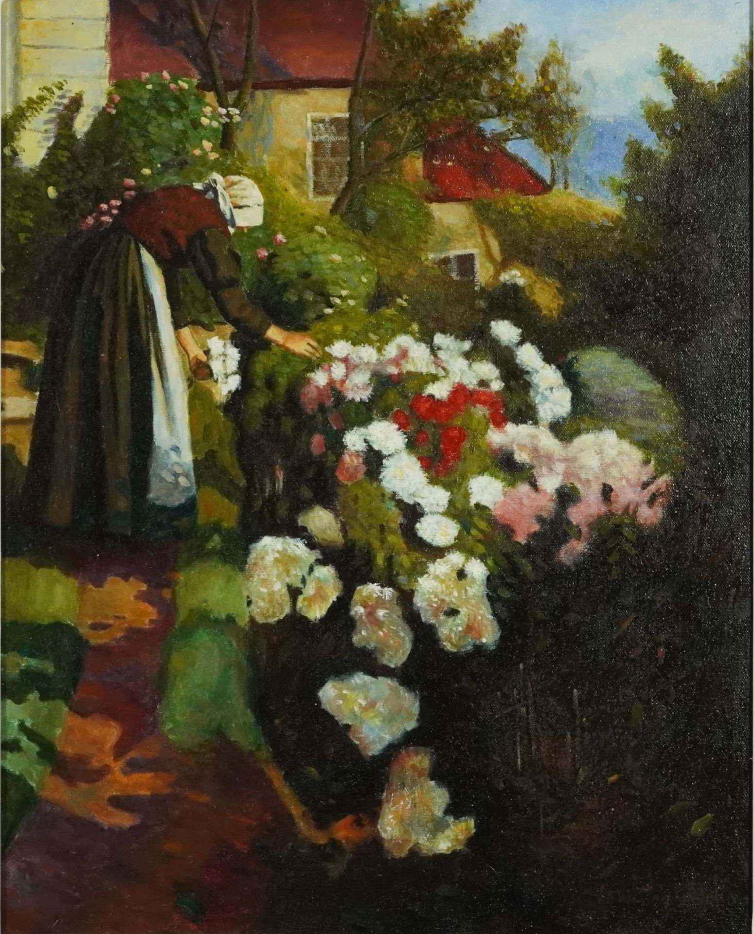 Female picking flowers before a cottage, oil on canvas, framed, 49.5cm x 39.5cm excluding the frame