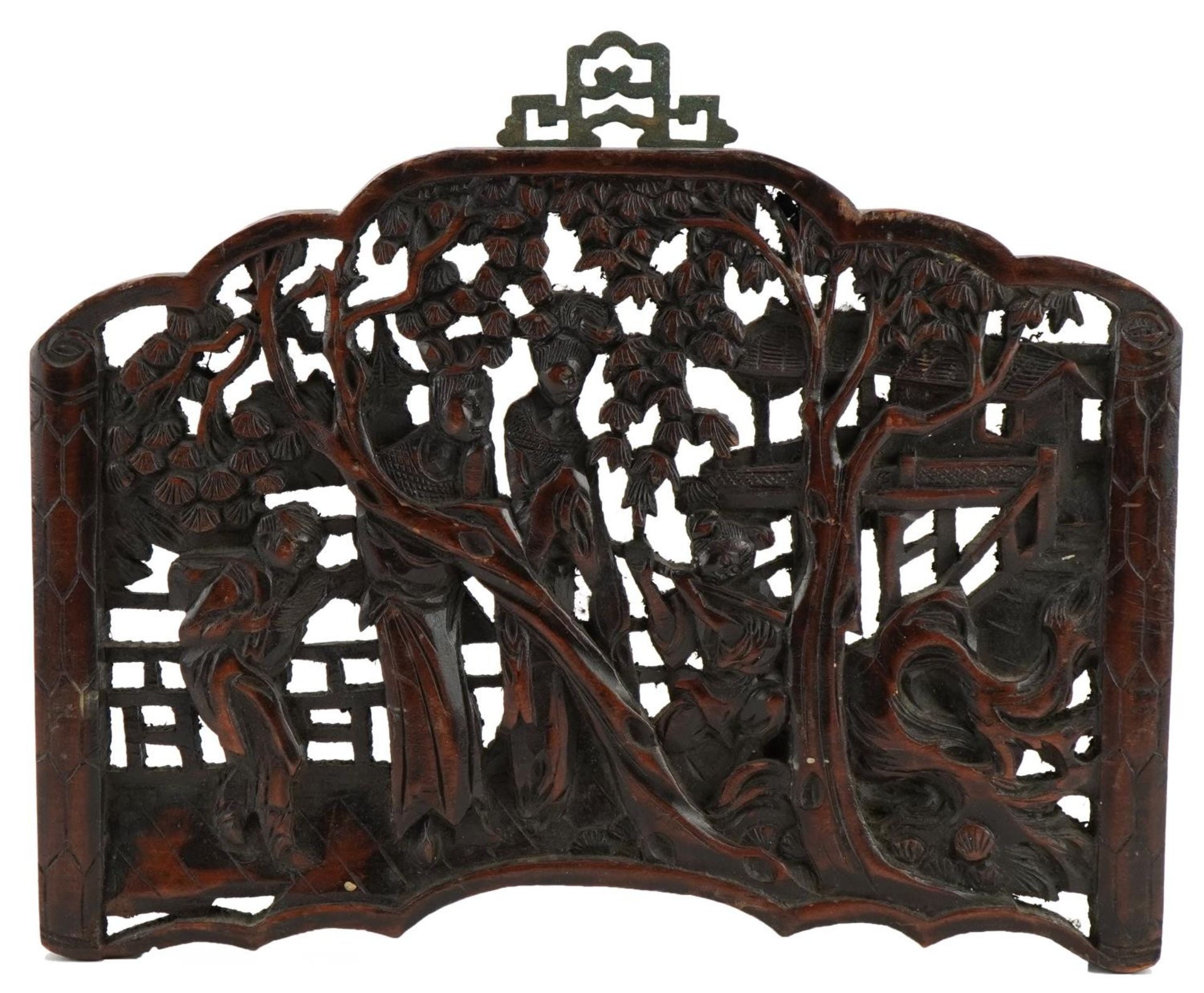 Chinese hardwood panel carved with figures amongst trees, 24cm high x 33cm wide