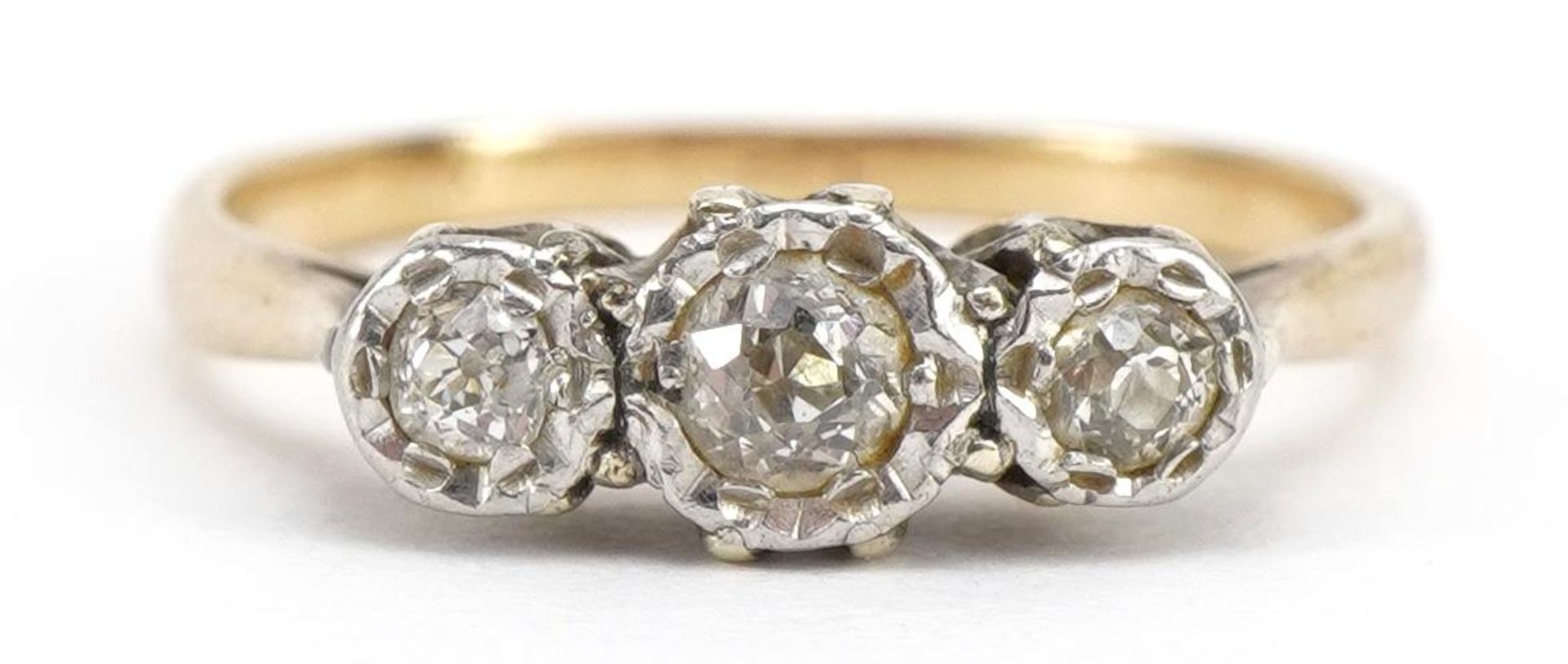9ct gold diamond three stone ring, size H, 1.5g