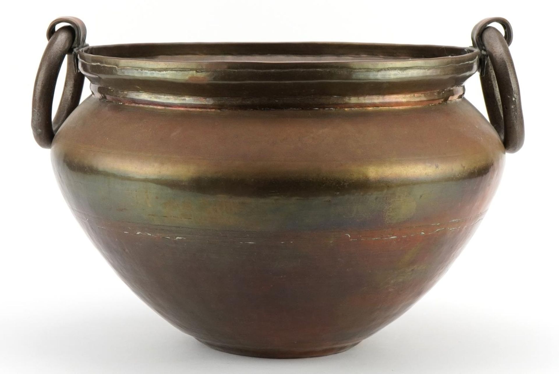 Large antique bronzed copper bowl with ring handles, 40cm wide - Image 2 of 3