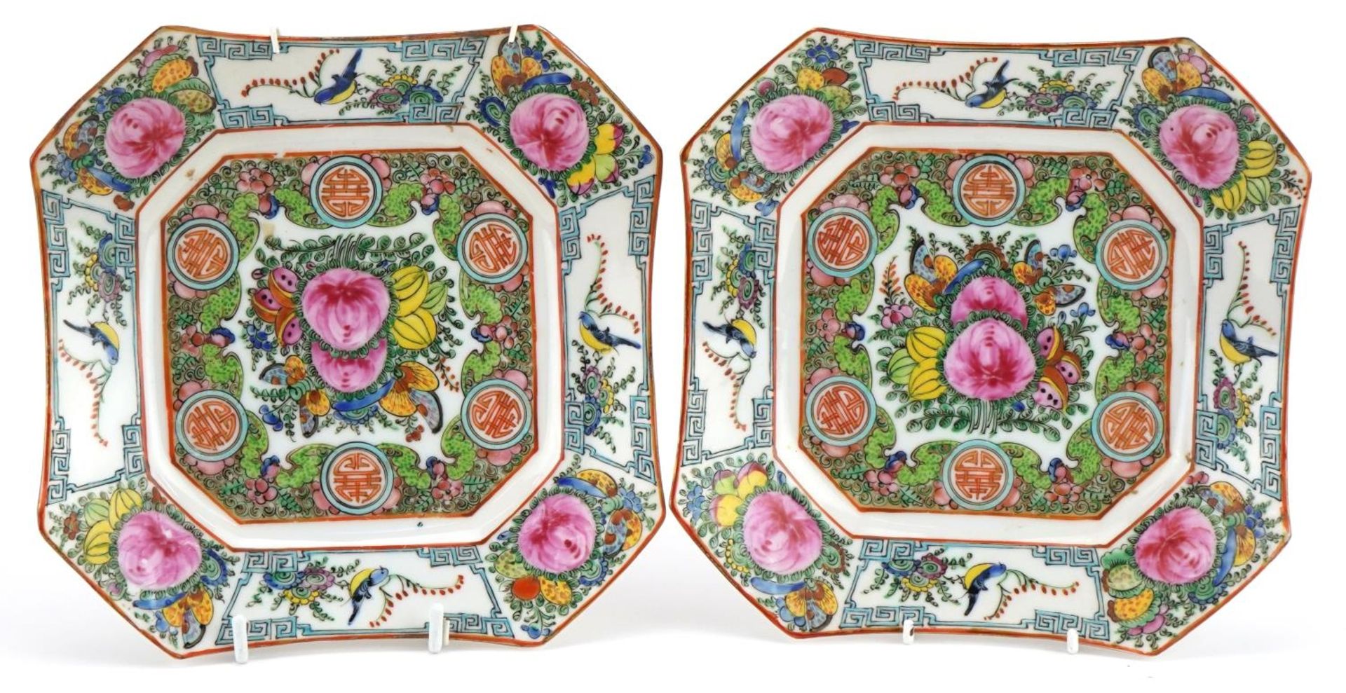 Pair of Chinese wall plates hand painted in the famille rose palette with butterflies and birds