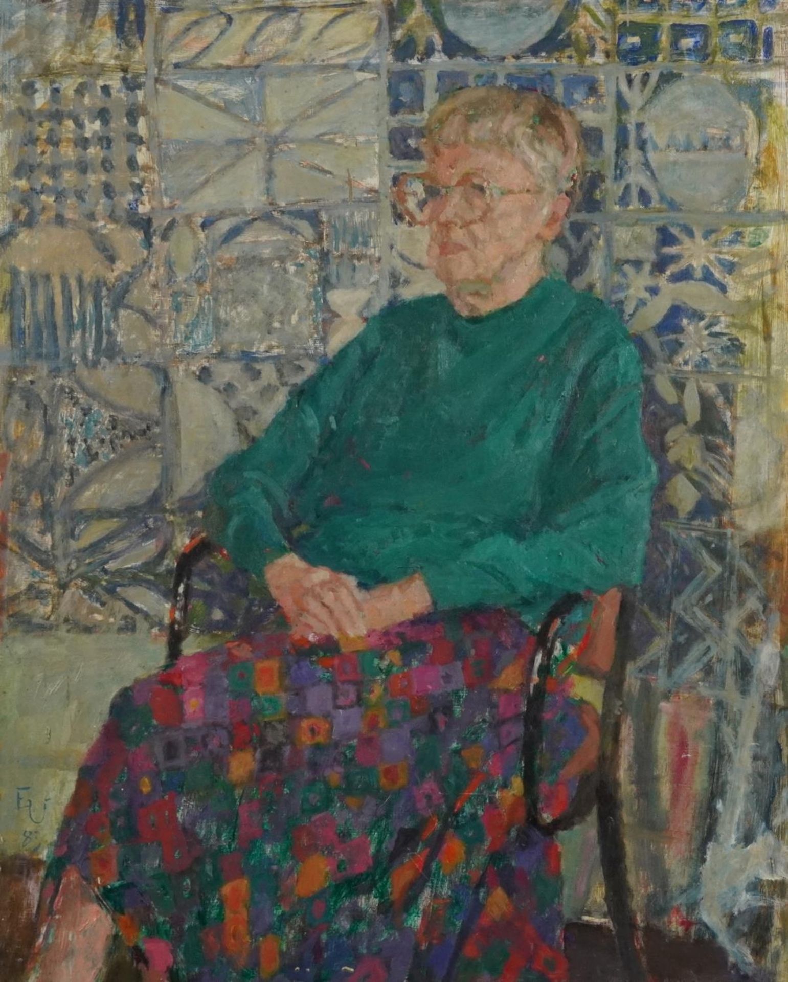 Three quarter length portrait of an elderly seated lady wearing glasses, Modern British school oil