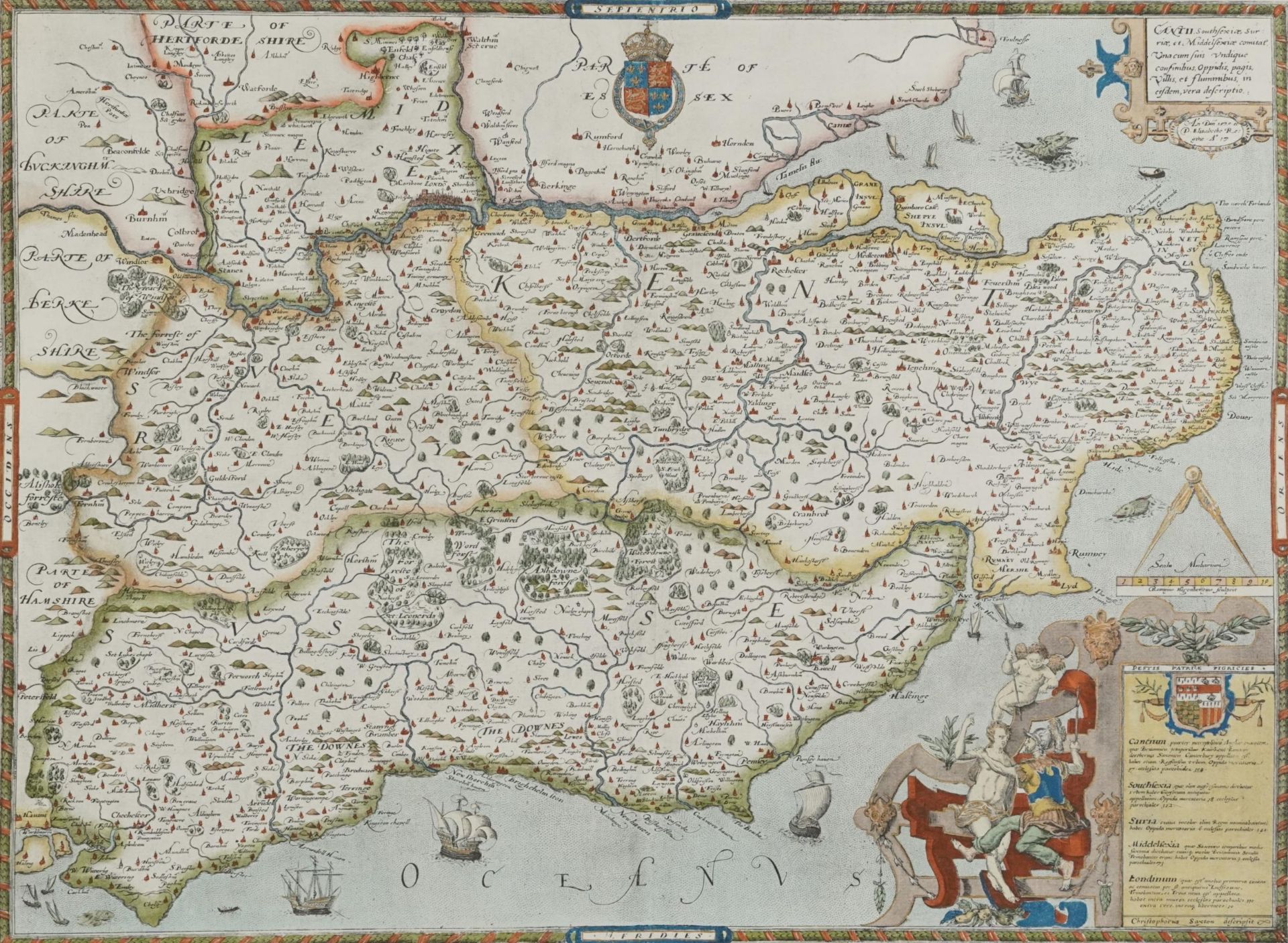 Saxtons Map of Kent, Sussex, Surrey and Middlesex, mounted and framed, 61.5cm x 48.5cm excluding the