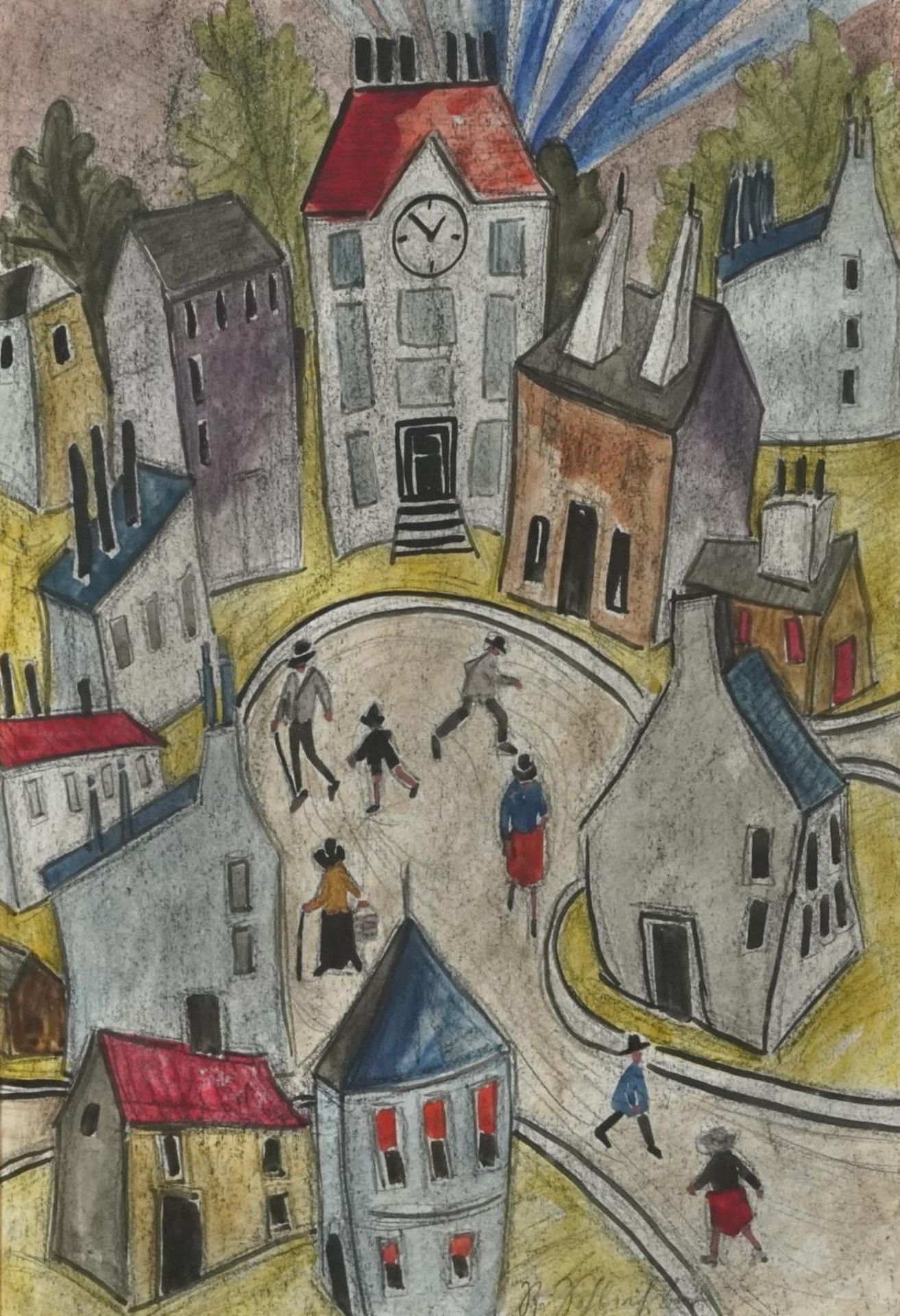 Street scene with figures walking about before buildings, mixed media, partial labels verso,