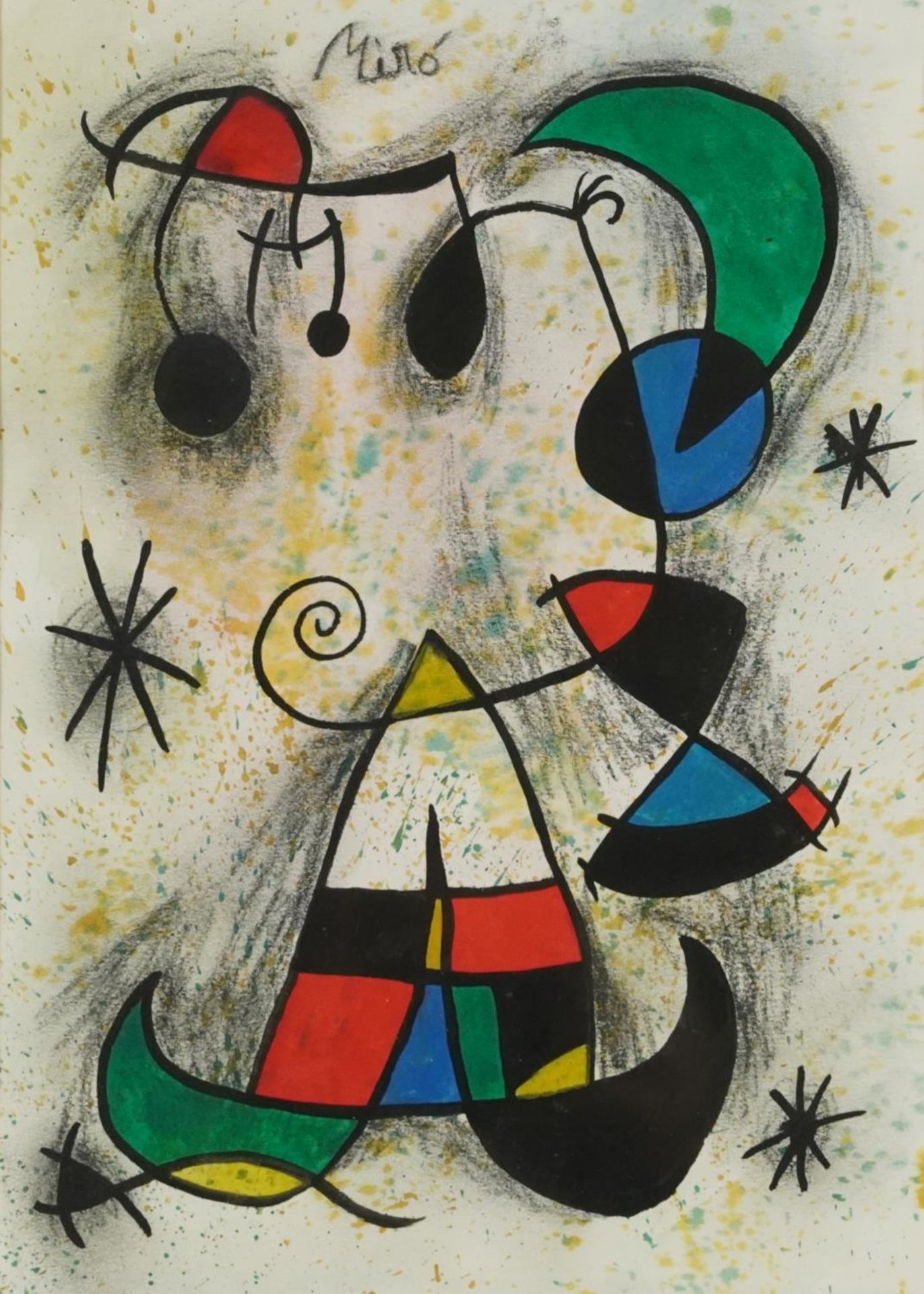 After Joan Miro - Abstract composition, European school mixed media on paper, mounted, framed and