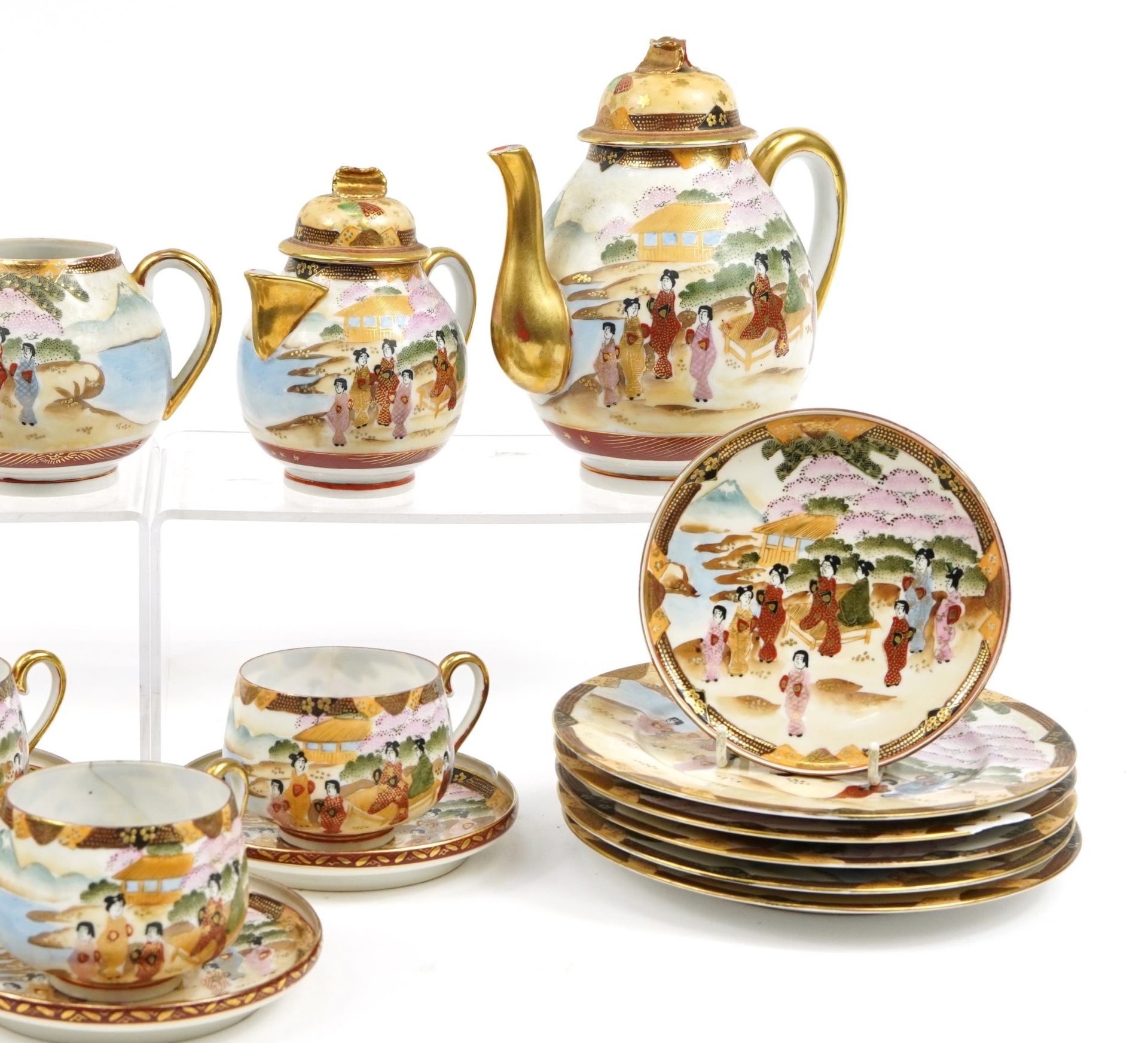 Japanese porcelain tea service hand painted with figures including a teapot and trios, the largest - Image 4 of 5