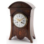 19th century inlaid mahogany mantle clock with enamelled dial, striking on a gong, having Roman