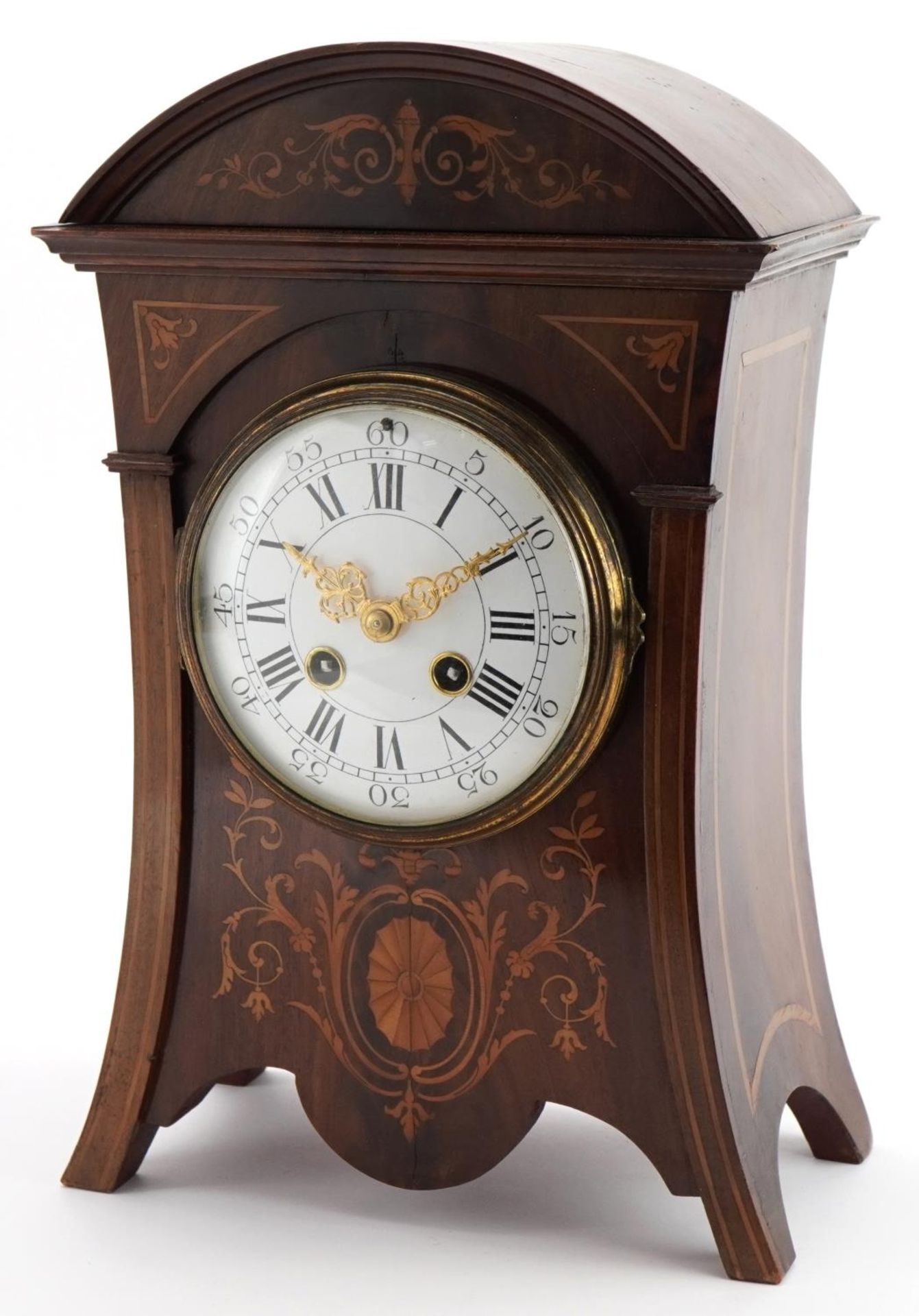 19th century inlaid mahogany mantle clock with enamelled dial, striking on a gong, having Roman