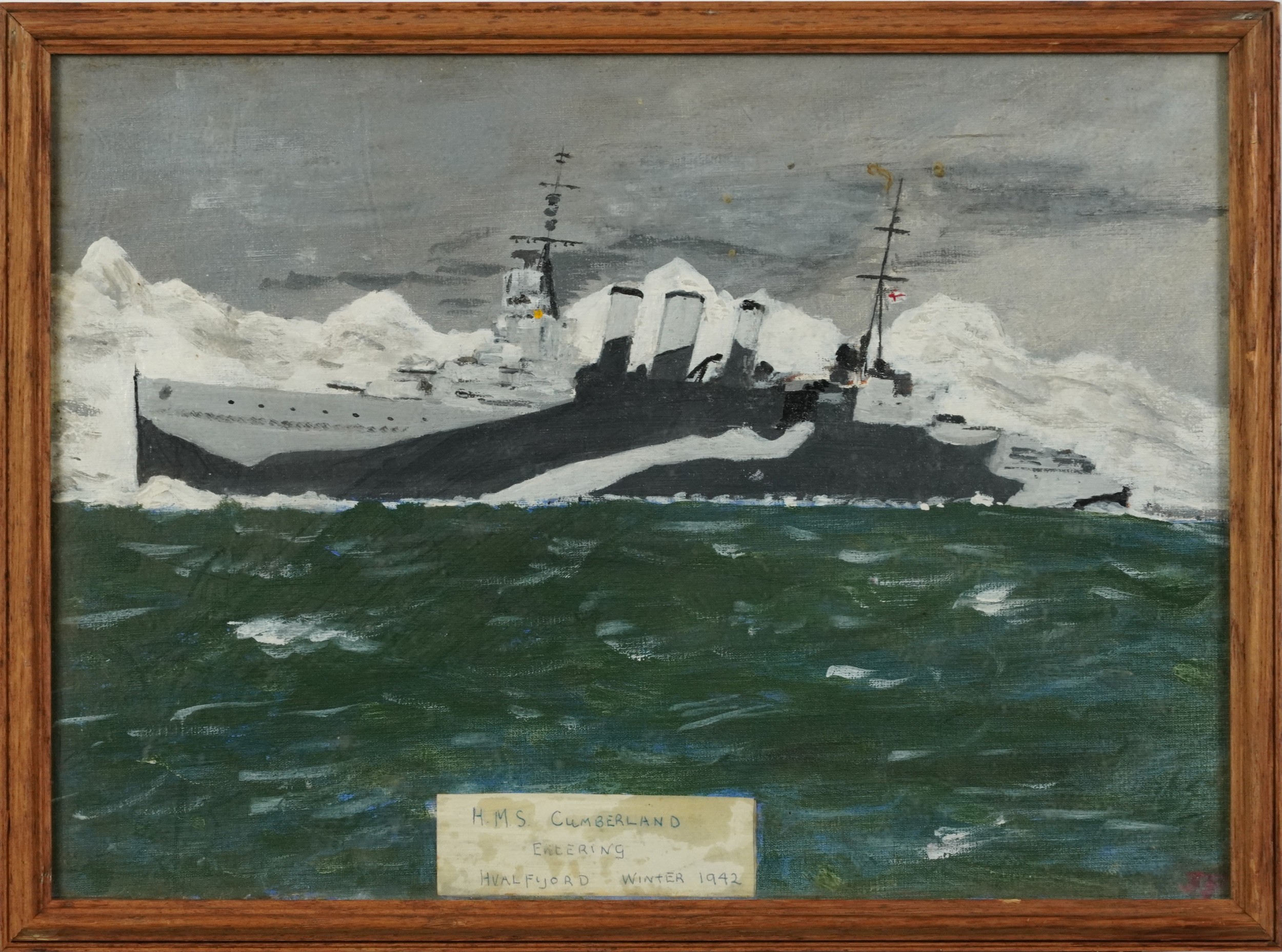 HMS Cumberland entering Hval Fjord, Winter 1942, Naval interest oil onto board, contemporary mounted - Image 2 of 4