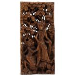 Balinese wooden wall plaque deeply carved in relief with a female and mythical animal, 40.5cm x 19cm
