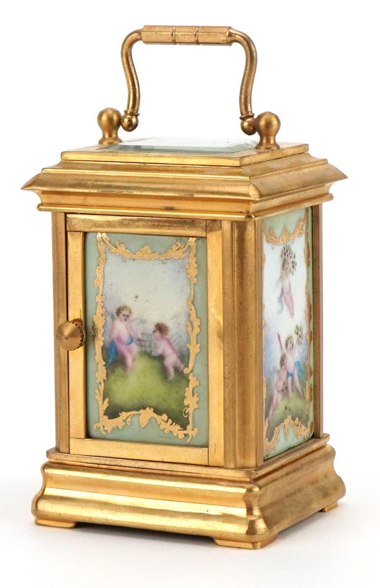 Miniature brass cased carriage clock with swing handle and Sevres style panels, hand painted with - Image 2 of 5