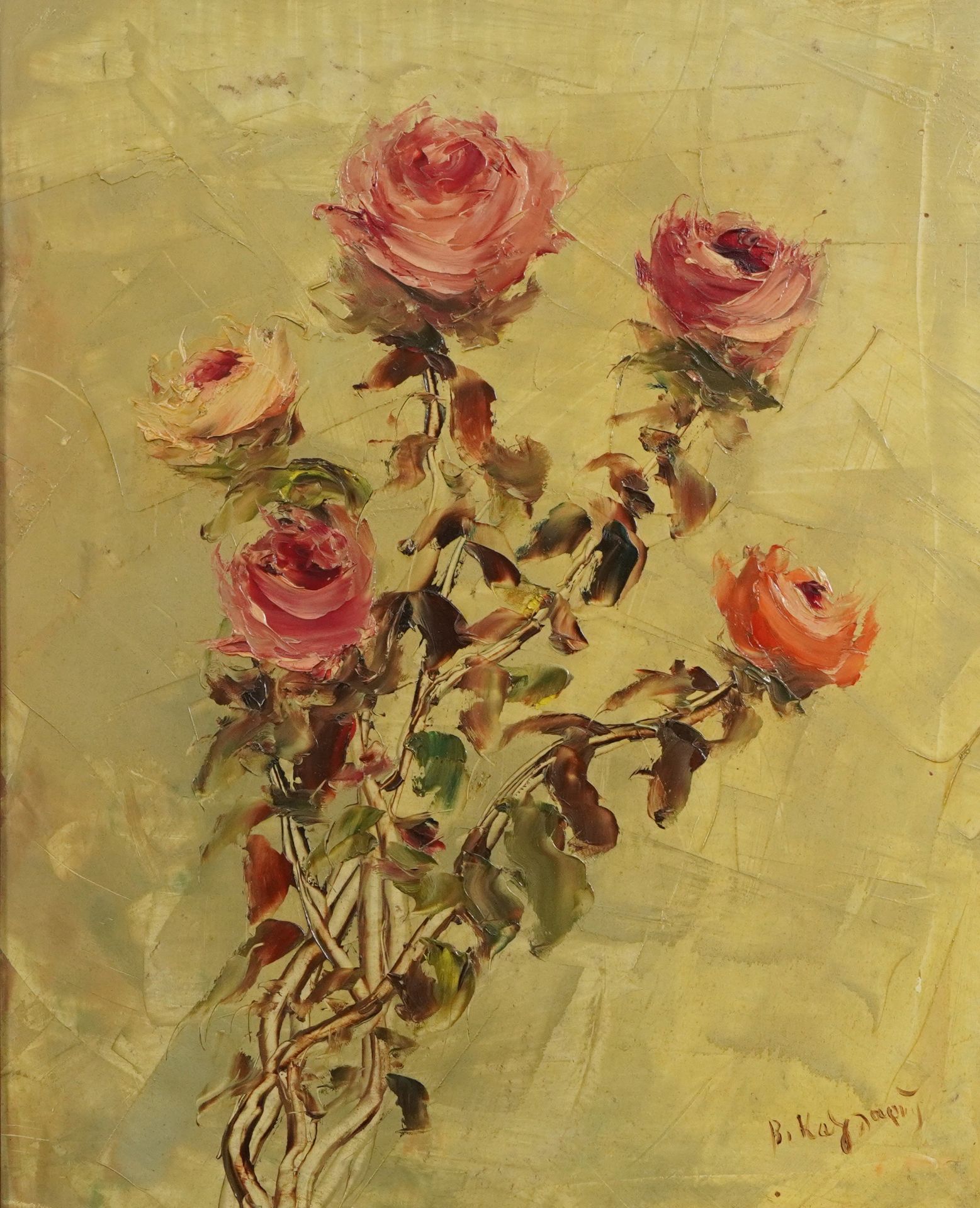 Still life roses, Greek school oil on board, stamp verso, mounted and framed, 39cm x 31cm