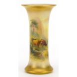 Harry Stinton for Royal Worcester, porcelain trumpet vase hand painted with Highland cattle beside