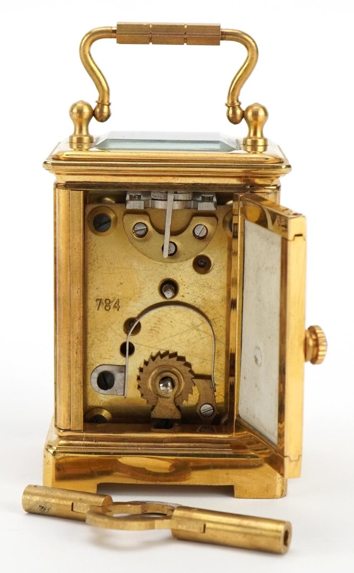 Miniature brass carriage clock with porcelain panels and Roman numeral dial, 6cm high - Bild 3 aus 5