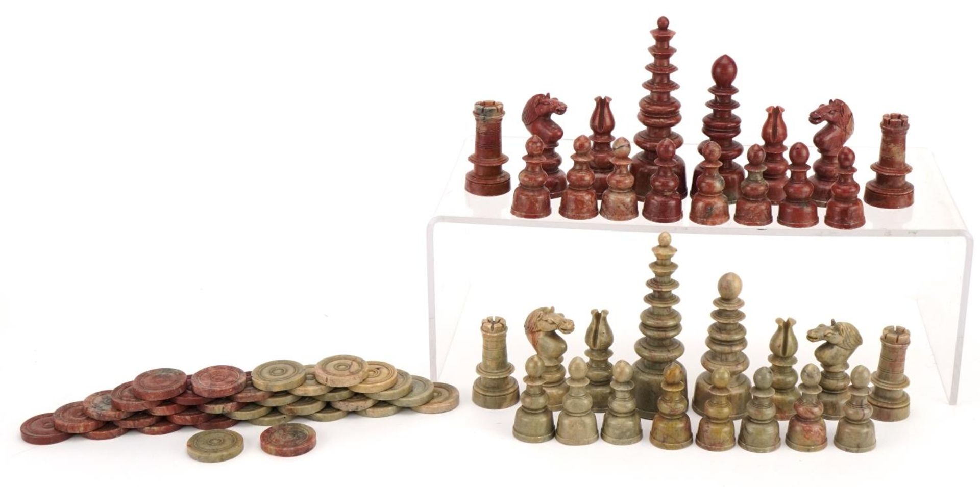 Chinese carved soapstone chess set and draughts pieces housed in a pine box, the largest pieces 10. - Image 2 of 7