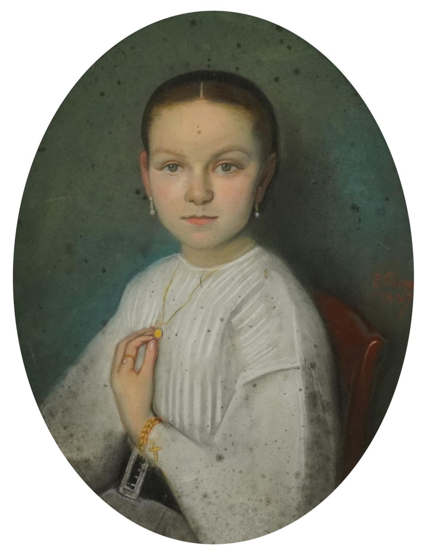 Portrait of a seated young female wearing a white dress, 19th century French oval pastel,