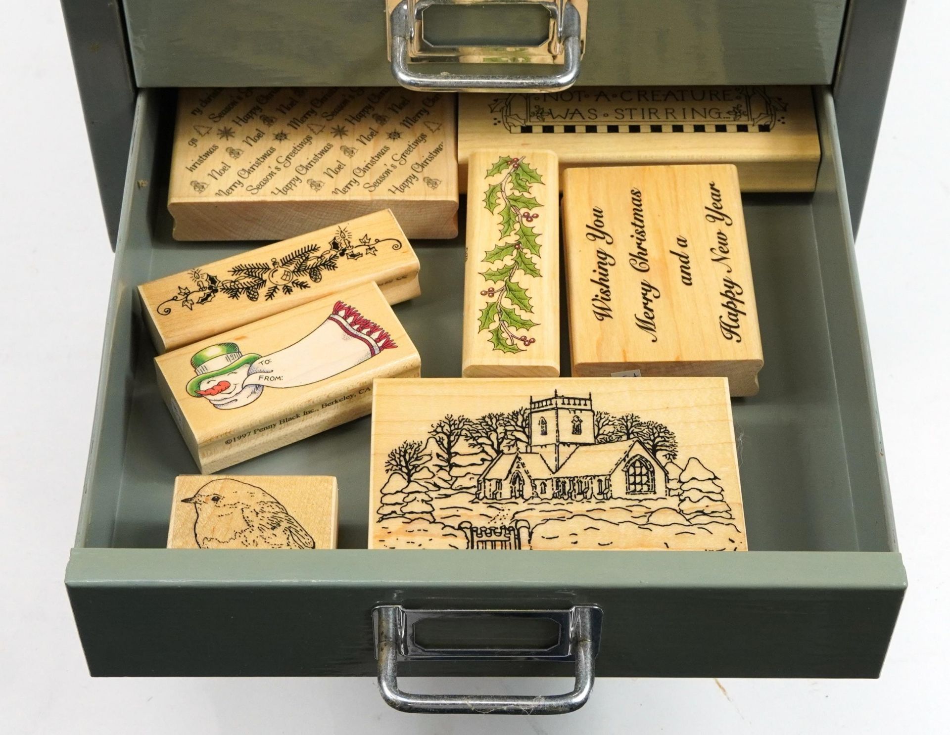 Large collection of wooden printing blocks and ink stamps housed in a Bisley ten drawer filing - Image 12 of 13