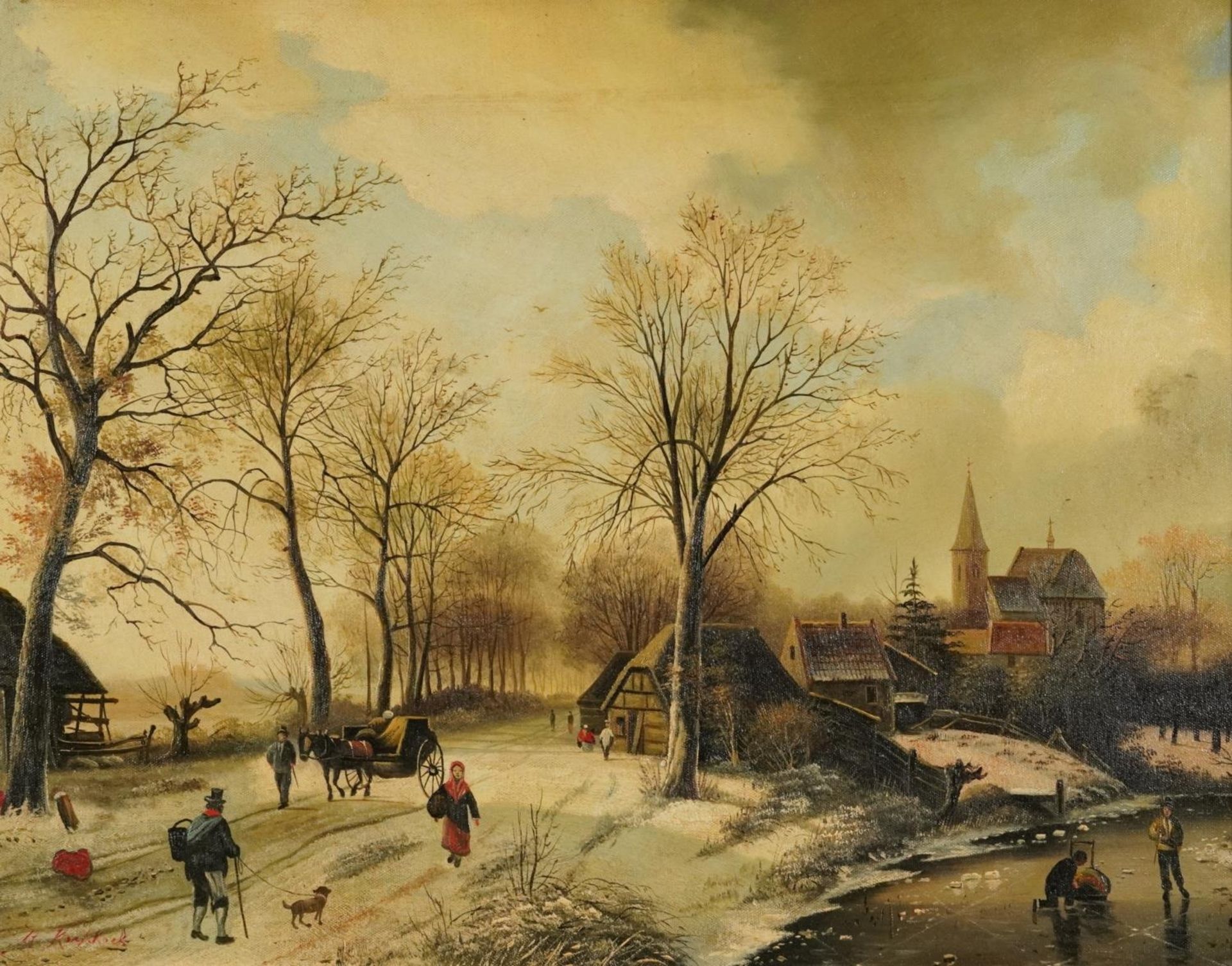 Dutch winter landscape with figures before a church, oil on board, mounted and framed, 52.5cm x 41cm