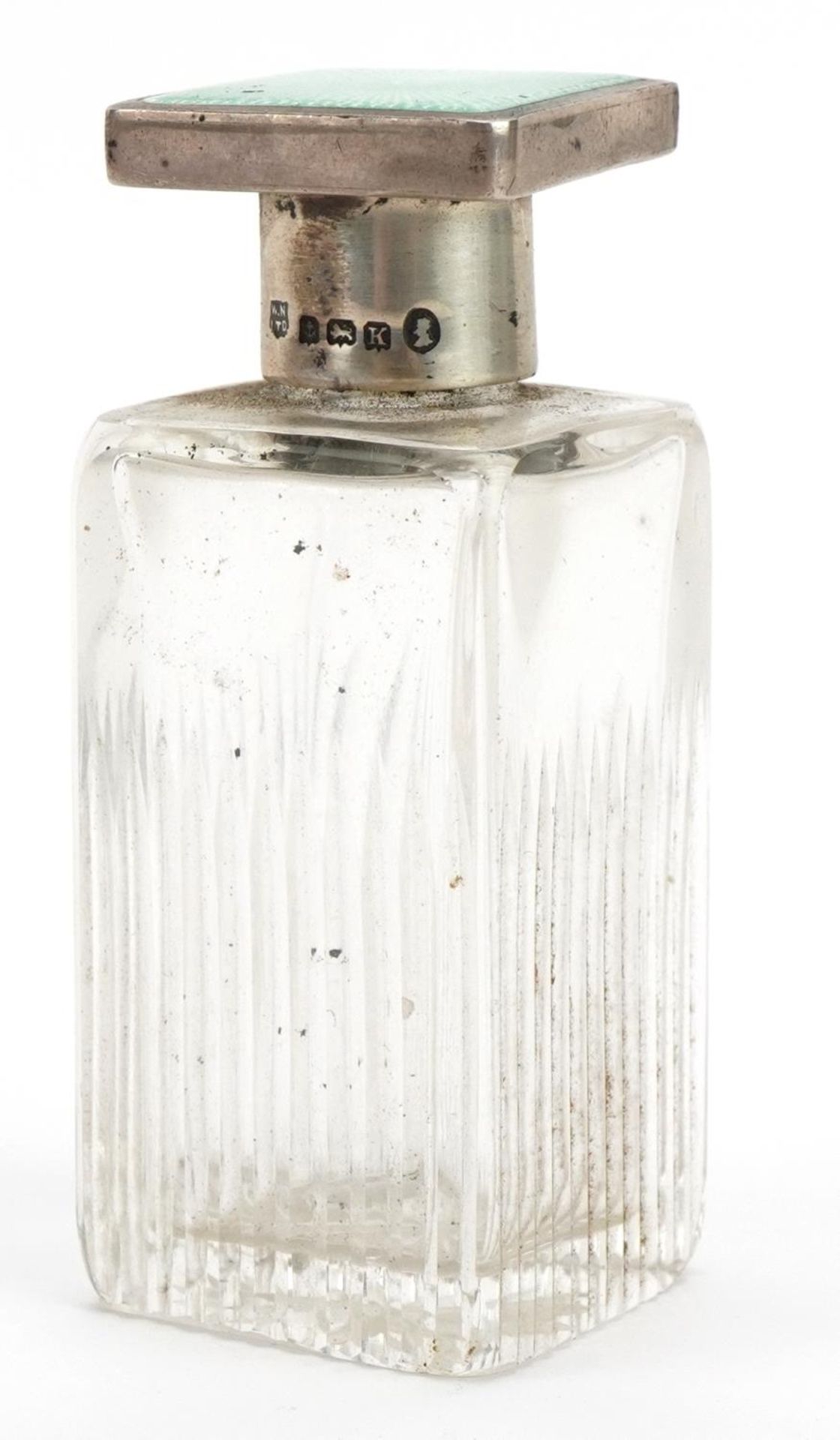 William Neale & Son Ltd, Art Deco cut glass scent bottle with silver and green guilloche enamelled - Image 2 of 5