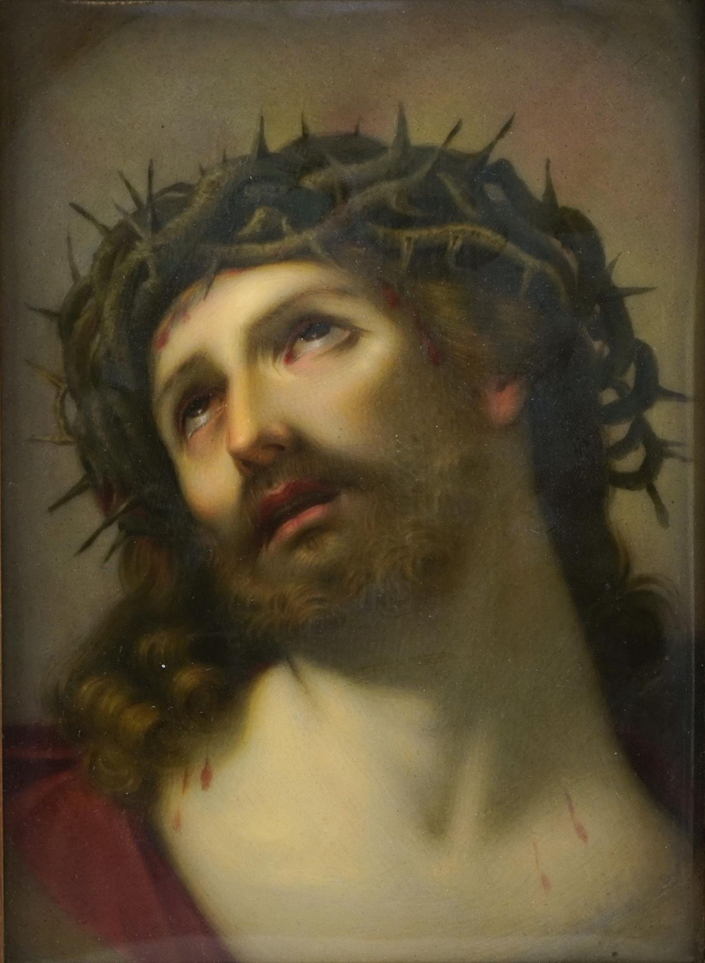 Manner of KPM, continental rectangular porcelain panel hand painted with Christ wearing a crown of - Bild 3 aus 4